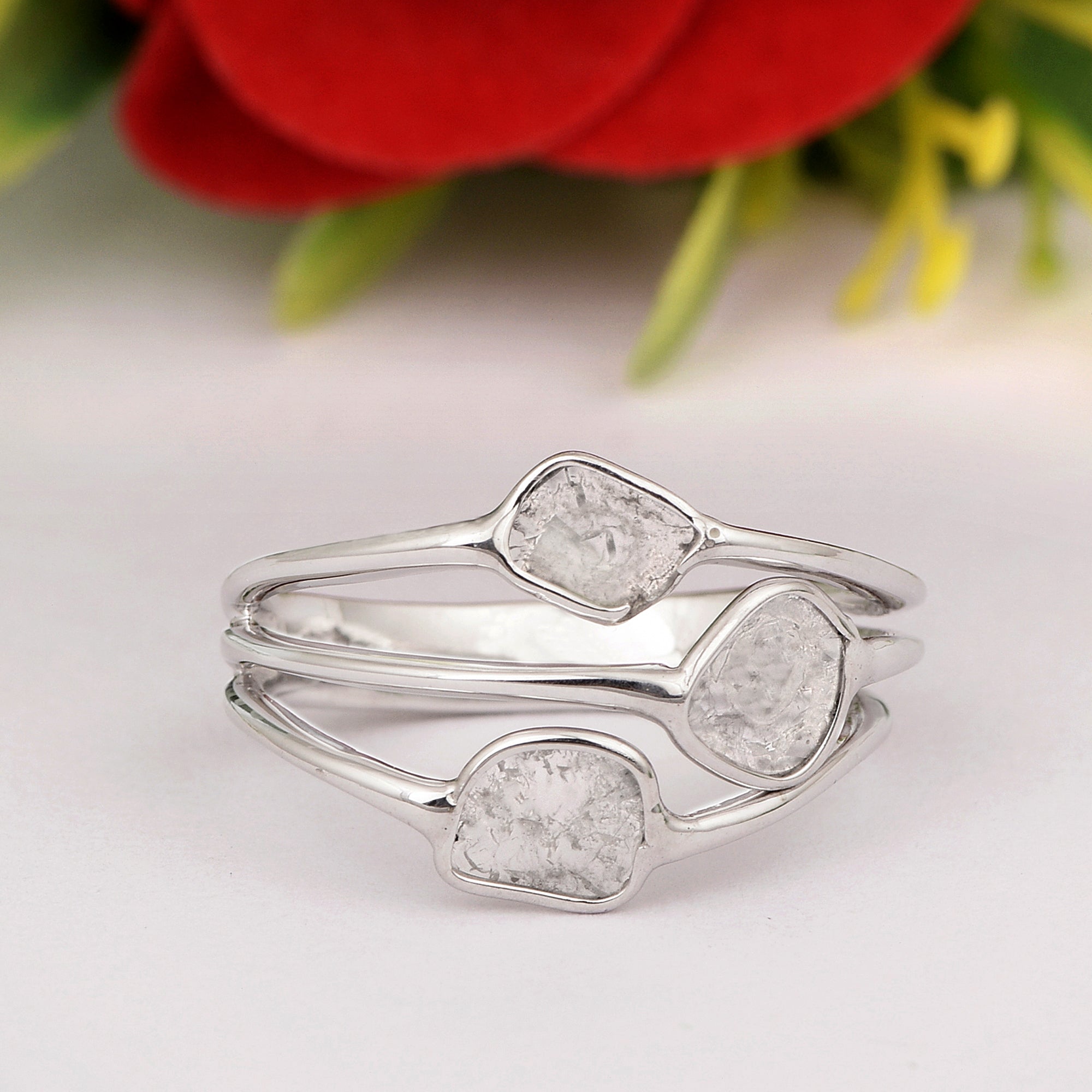 0.35 CTW Natural Diamond Polki Three Stone Multi Band Ring