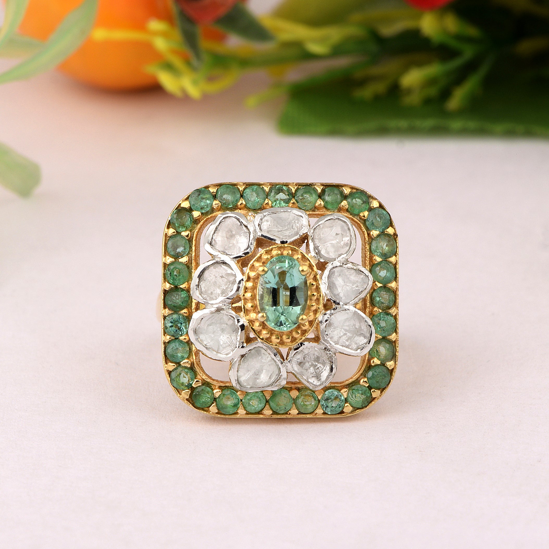 0.50 CTW Natural Diamond Polki Emerald Cocktail Ring