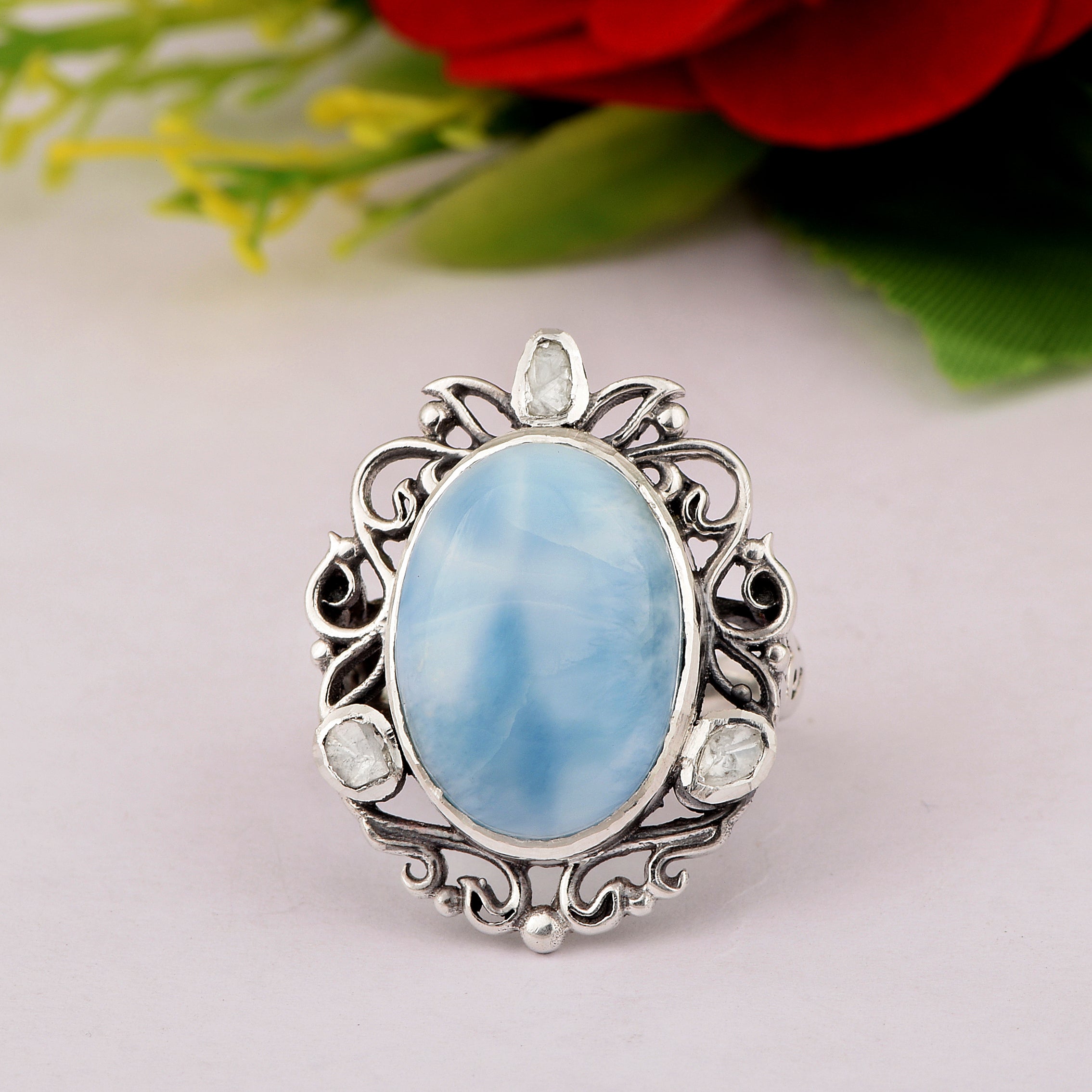 0.40 CTW Natural Diamond Polki Larimar Cocktail Ring