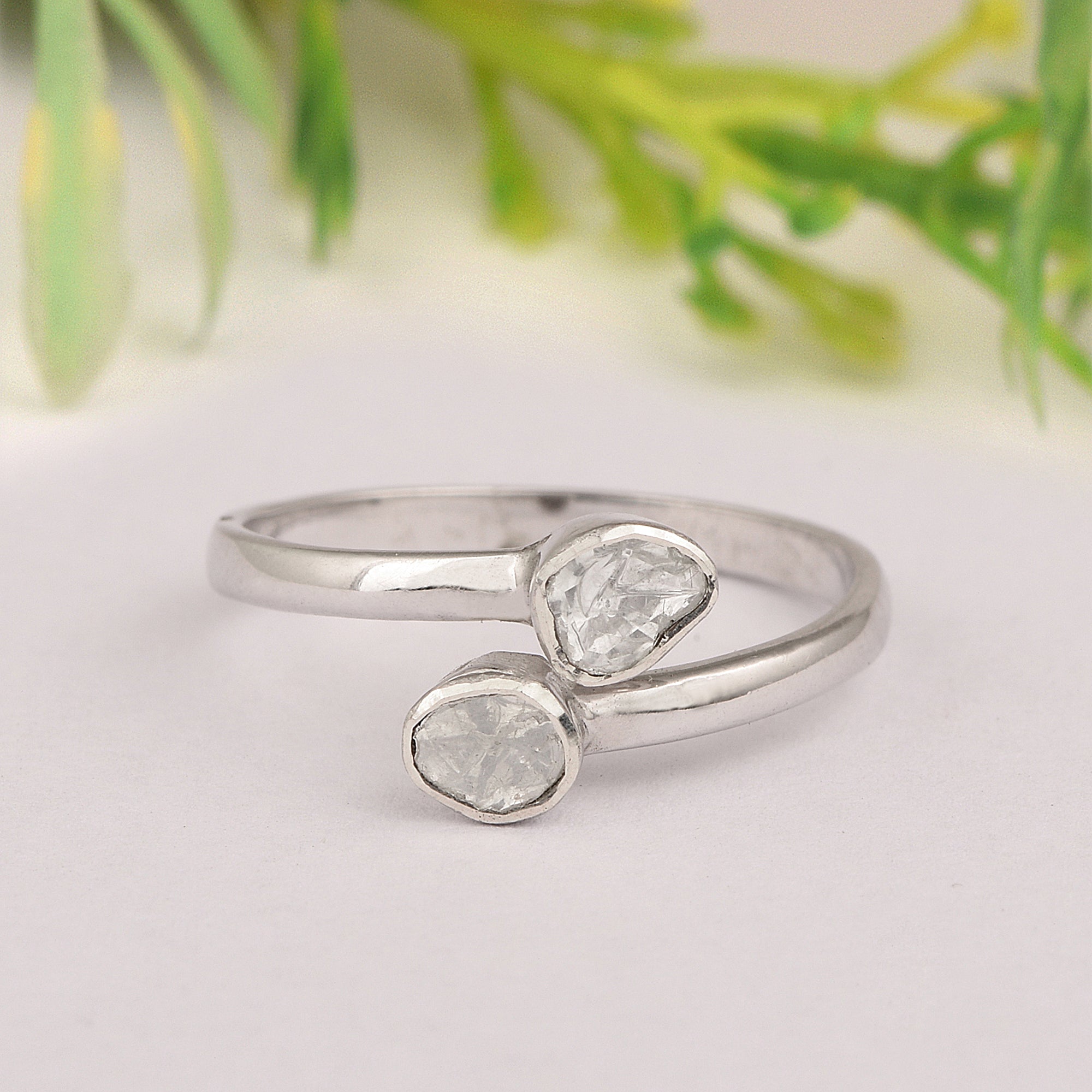 0.35 CTW Natural Slice Polki Diamond Bypass Women Ring 925 Sterling Silver