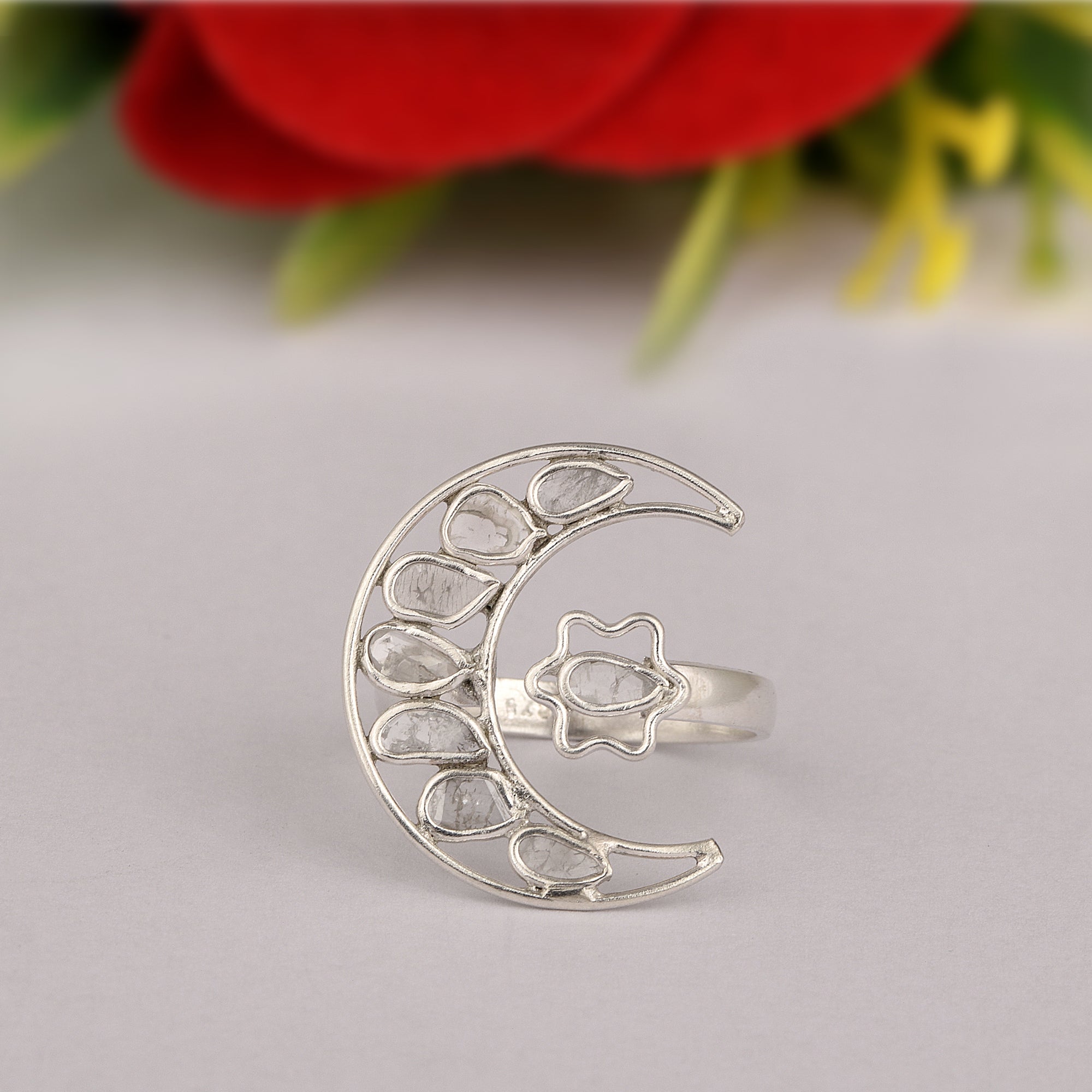 0.35 CTW Indian Artisan Crafted Polki Diamond Moon Star Ring 925 Sterling Silver Platinum Plated