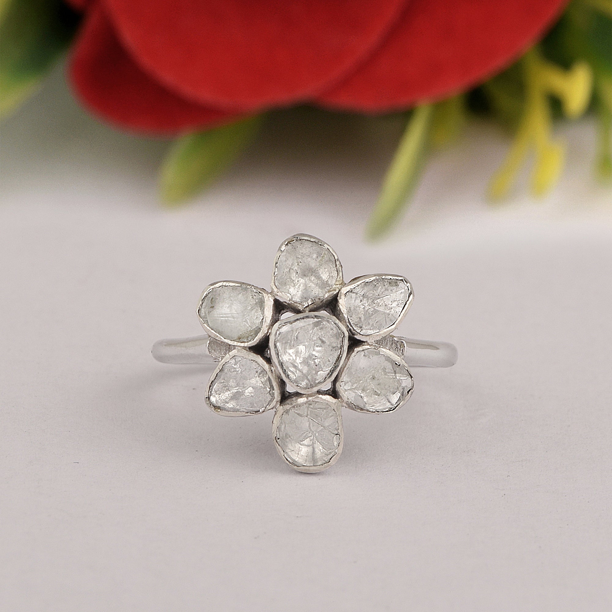 0.50 CTW Polki Diamond Floral 925 Sterling Silver Ring