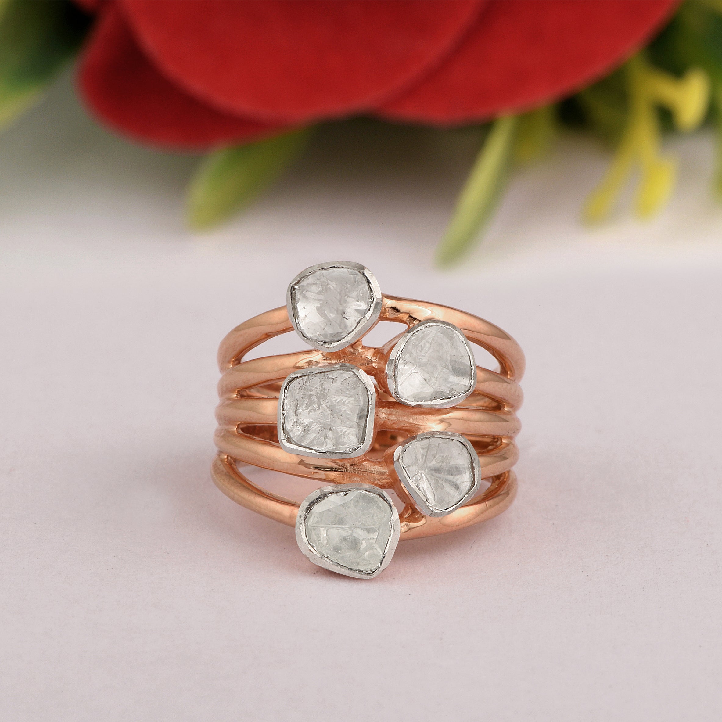 1.00 CTW Natural Diamond Polki Multi Band Ring 925 Sterling Silver 14K Rose Gold Plated