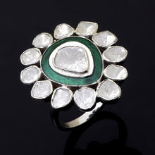 Load image into Gallery viewer, 1.75 CTW Diamond Polki Green Enamel Solitaire Ring