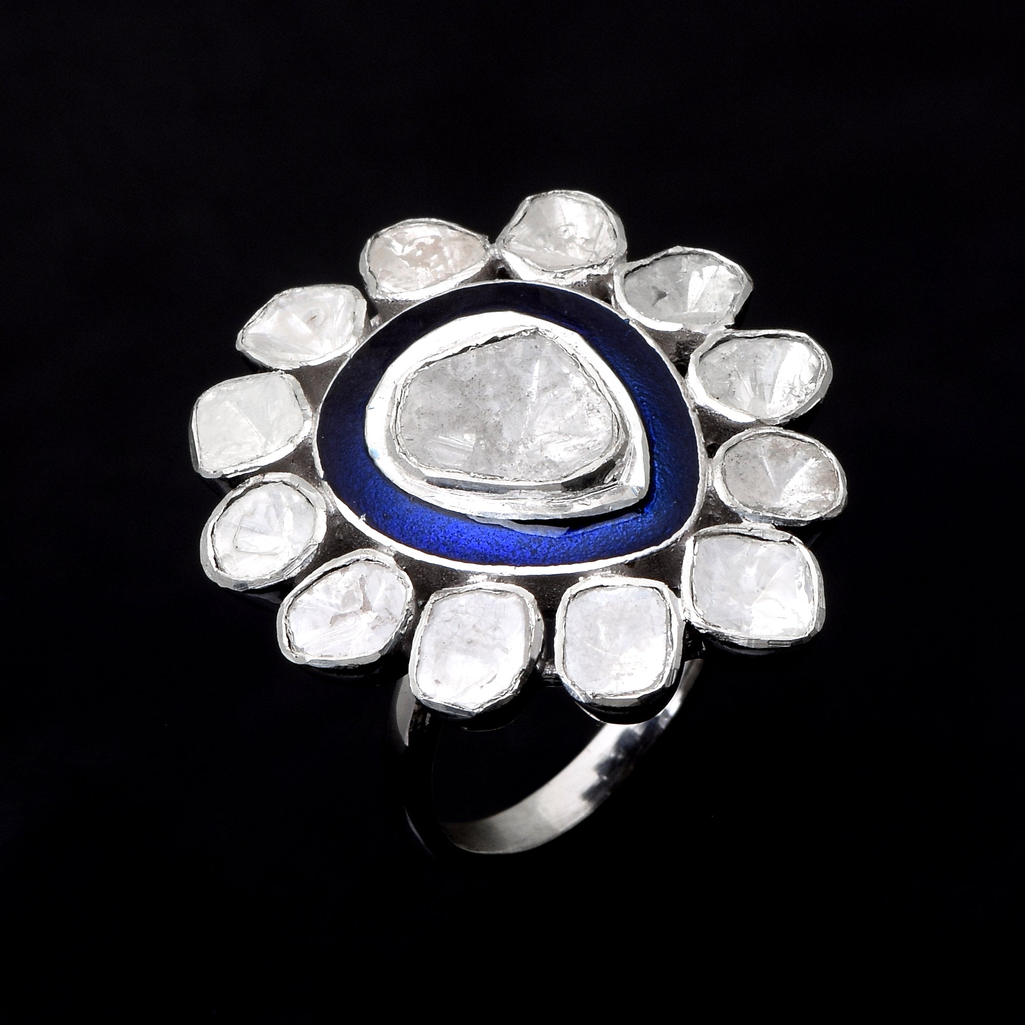 1.75 CTW Diamond Polki Blue Enamel Solitaire Ring