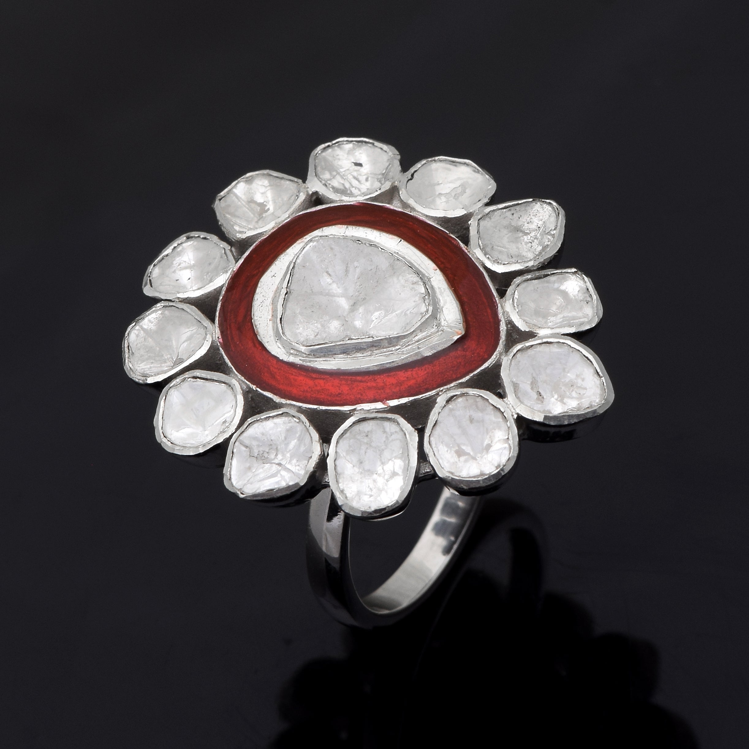 1.75 CTW Diamond Polki Red Enamel Solitaire Ring