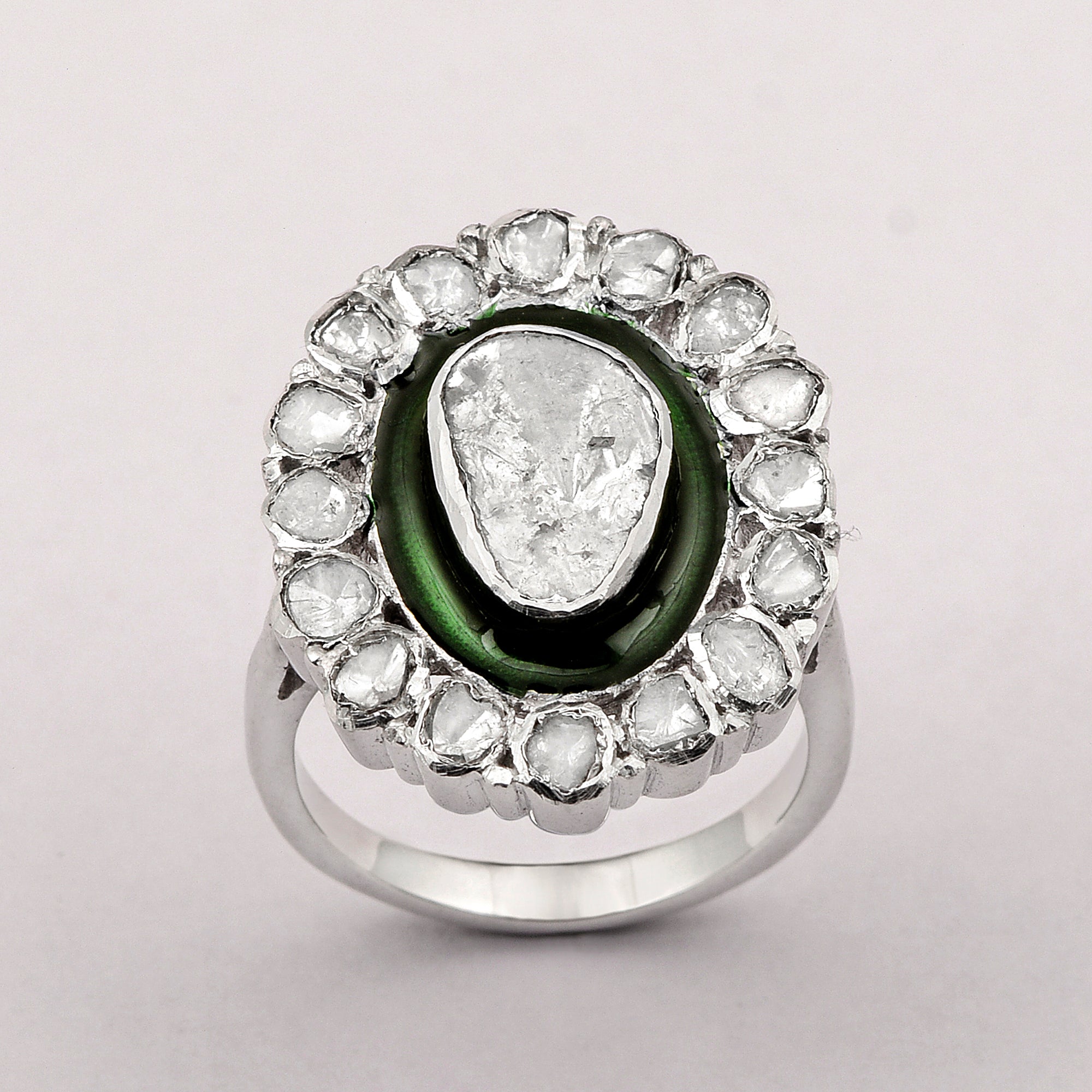 1.00 CTW Diamond Polki 925 Sterling Silver Green Enamel Engraved Cocktail Ring