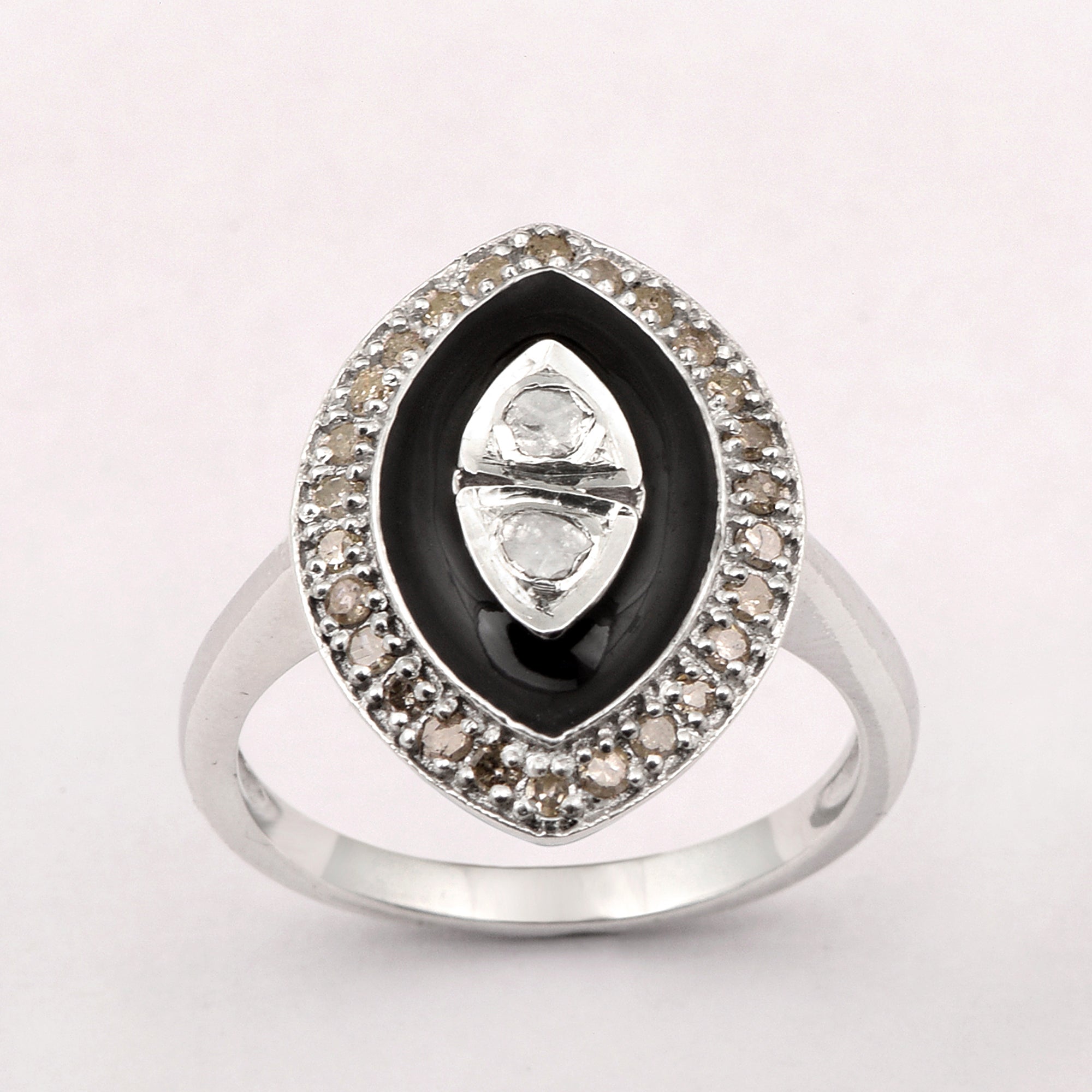 0.35 CTW Diamond Polki 925 Sterling Silver Black Enamel Cocktail Ring