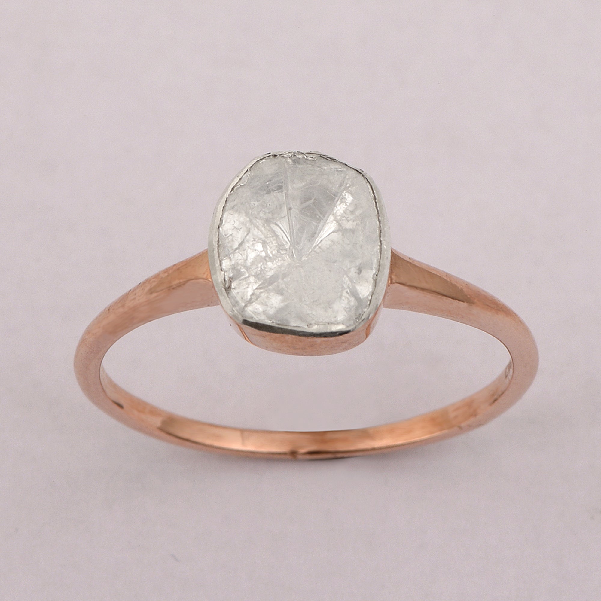 0.35 CTW Natural Diamond Polki Solitaire Handmade Ring, 14K Rose Gold Plated