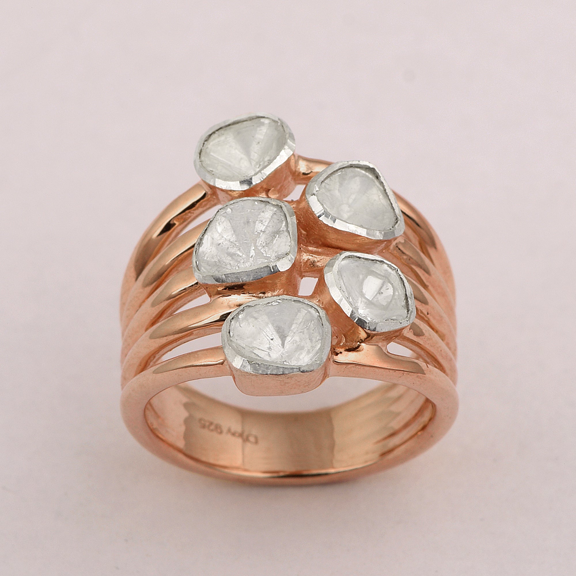 1.00 CTW Natural Diamond Polki Multi Band Ring 925 Sterling Silver 14K Rose Gold Plated