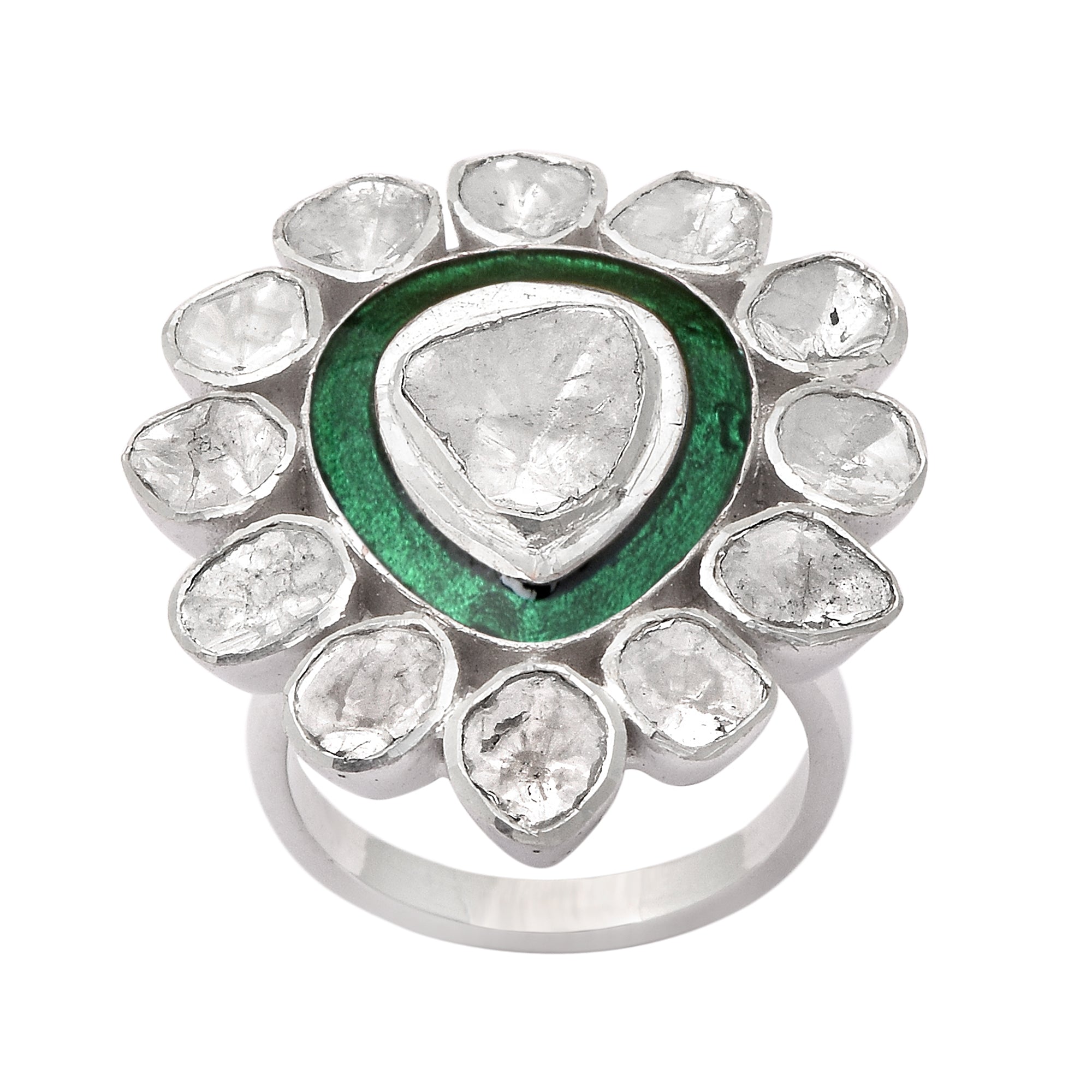 1.75 CTW Diamond Polki Green Enamel Solitaire Ring