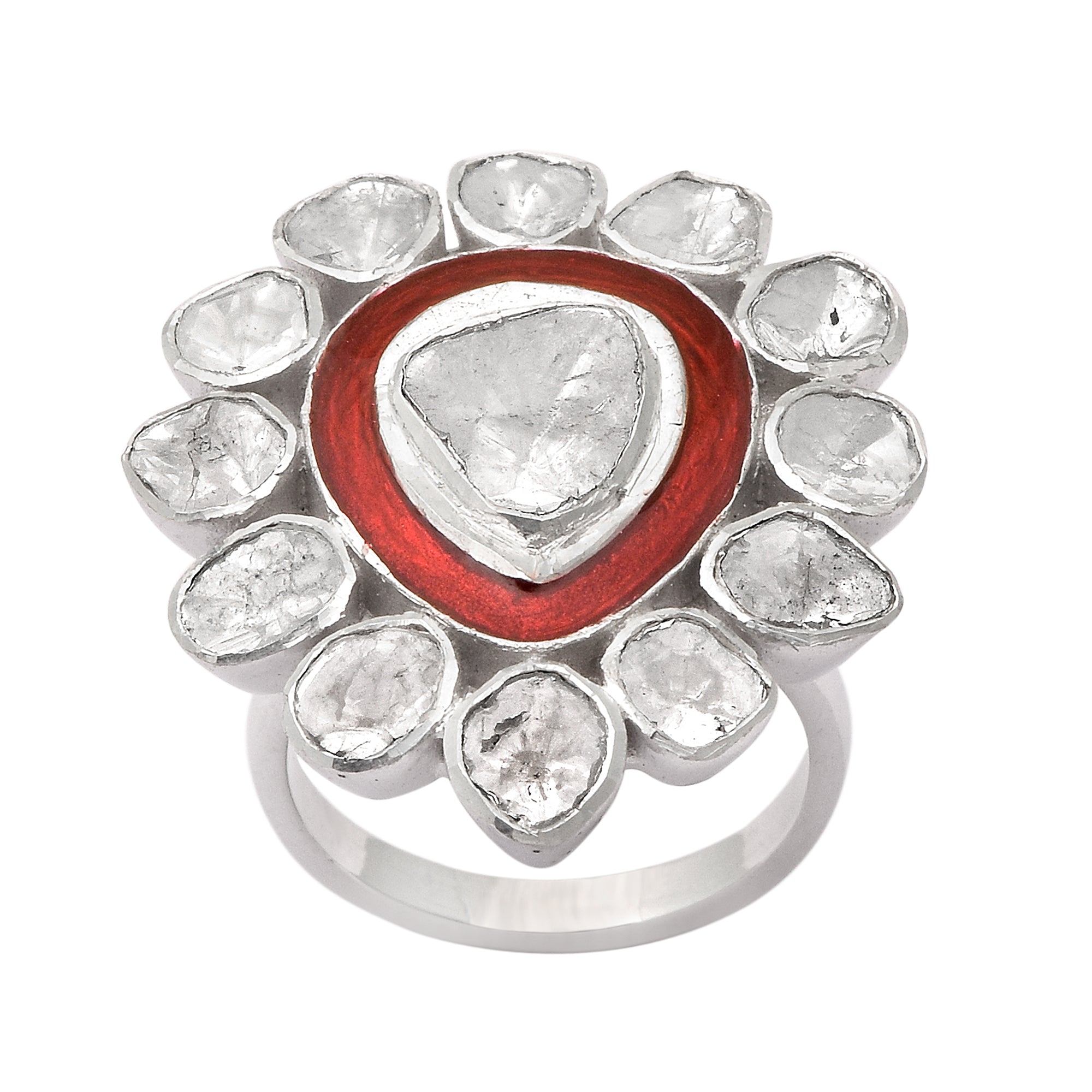 1.75 CTW Diamond Polki Red Enamel Solitaire Ring