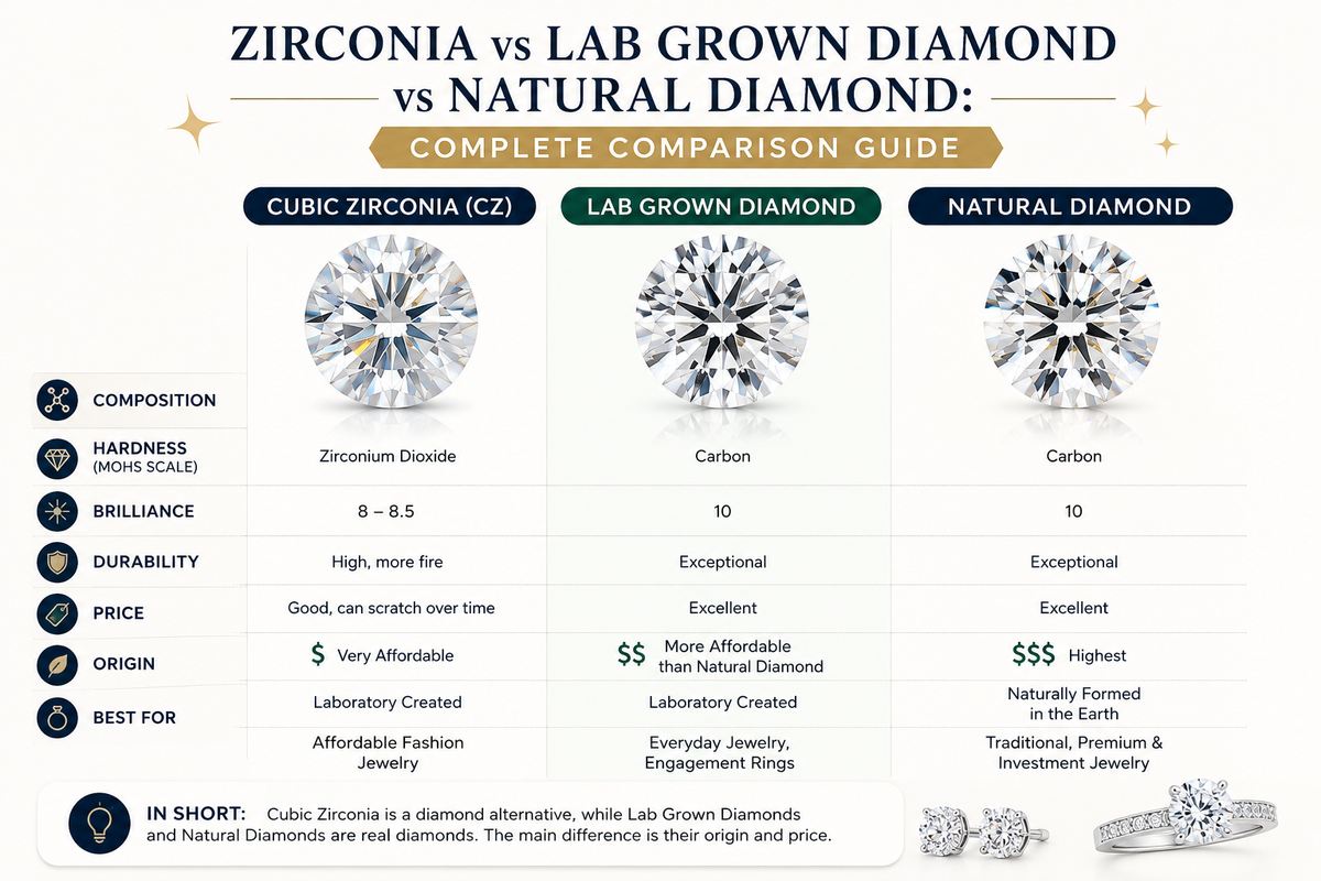 Zirconia vs Lab Grown Diamond vs Natural Diamond: Complete Comparison Guide