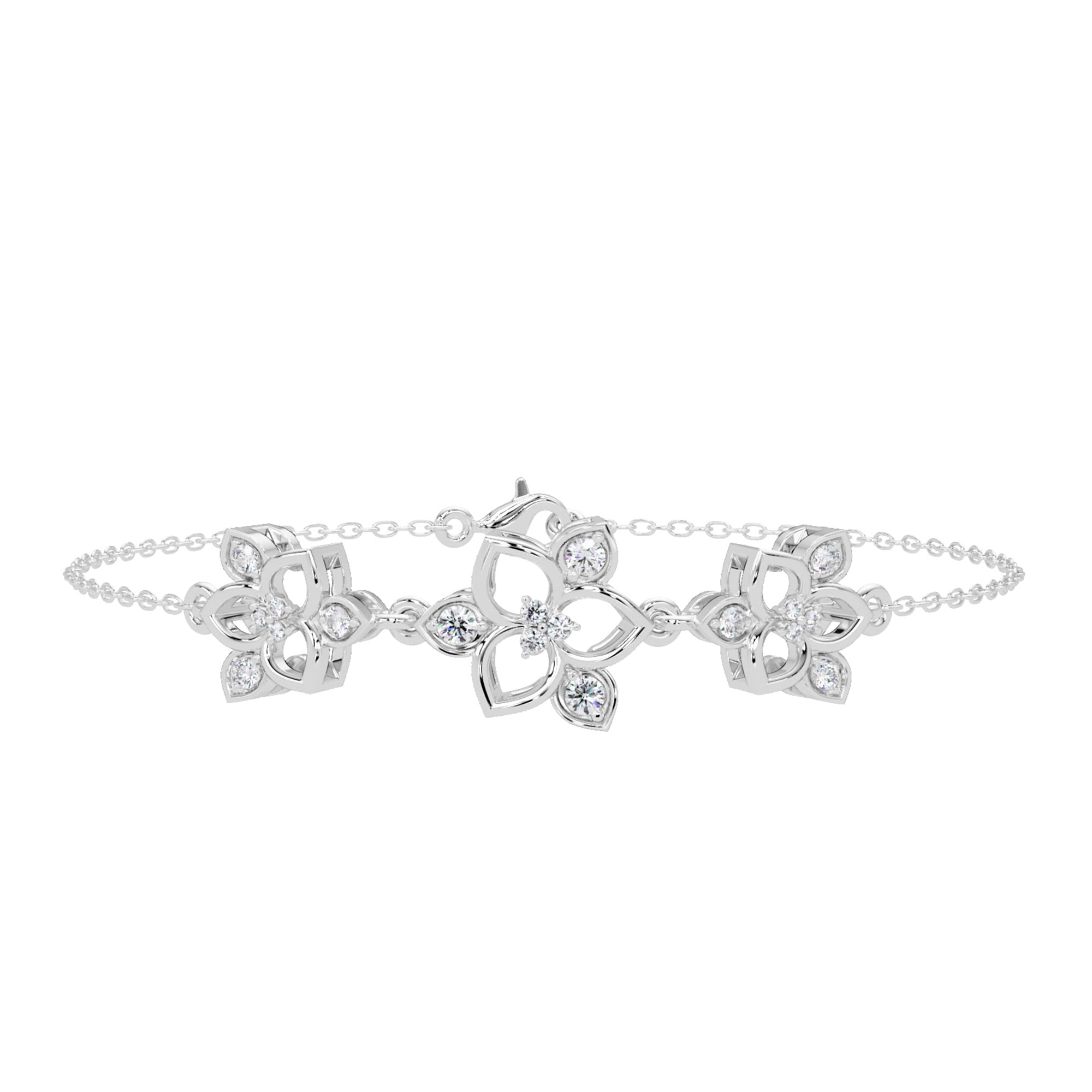 Lab Grown Diamond 0.25 CTW Triple Flower Design Bracelet -925 Sterling Silver