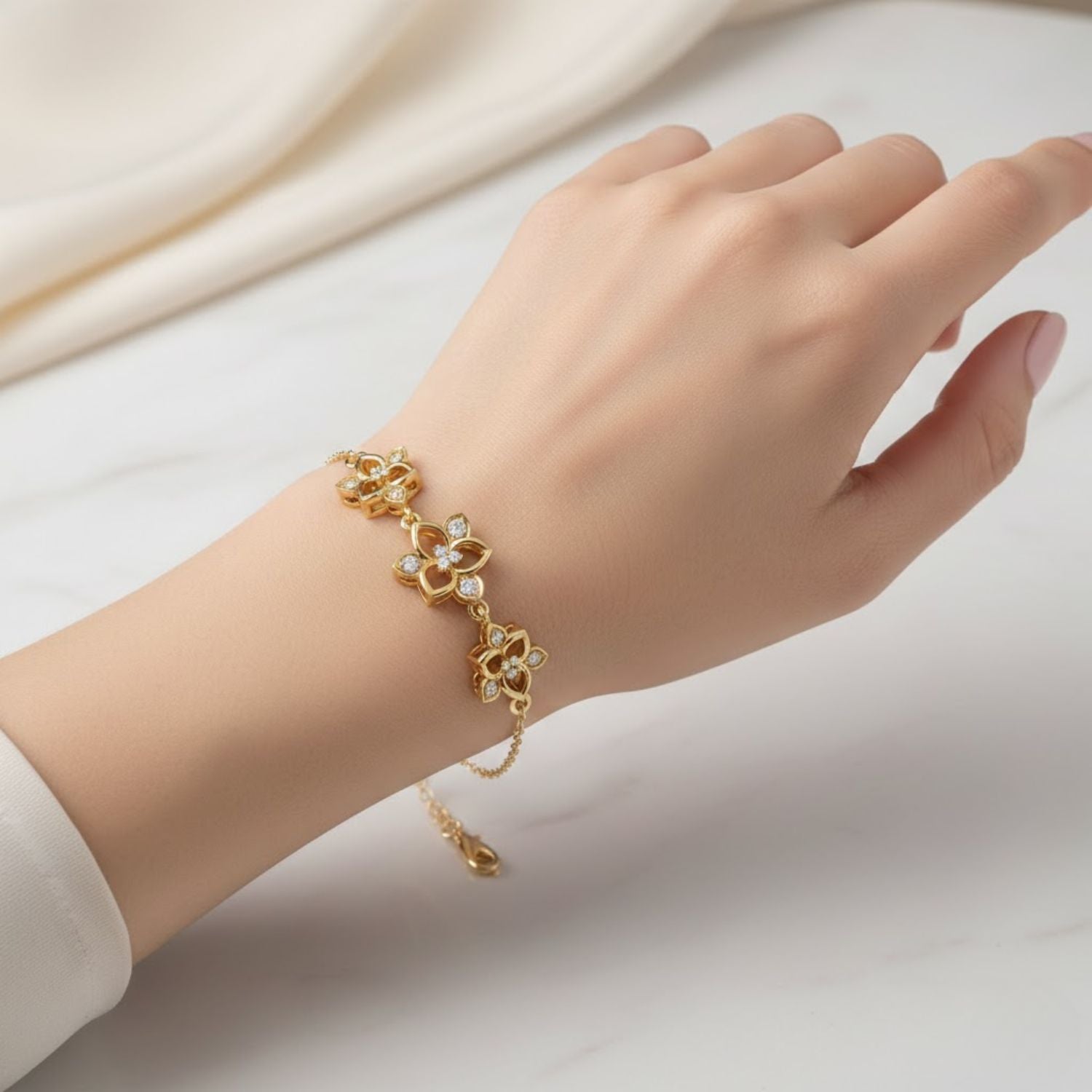 Lab Grown Diamond 0.25 CTW Triple Flower Design Bracelet -925 Sterling Silver