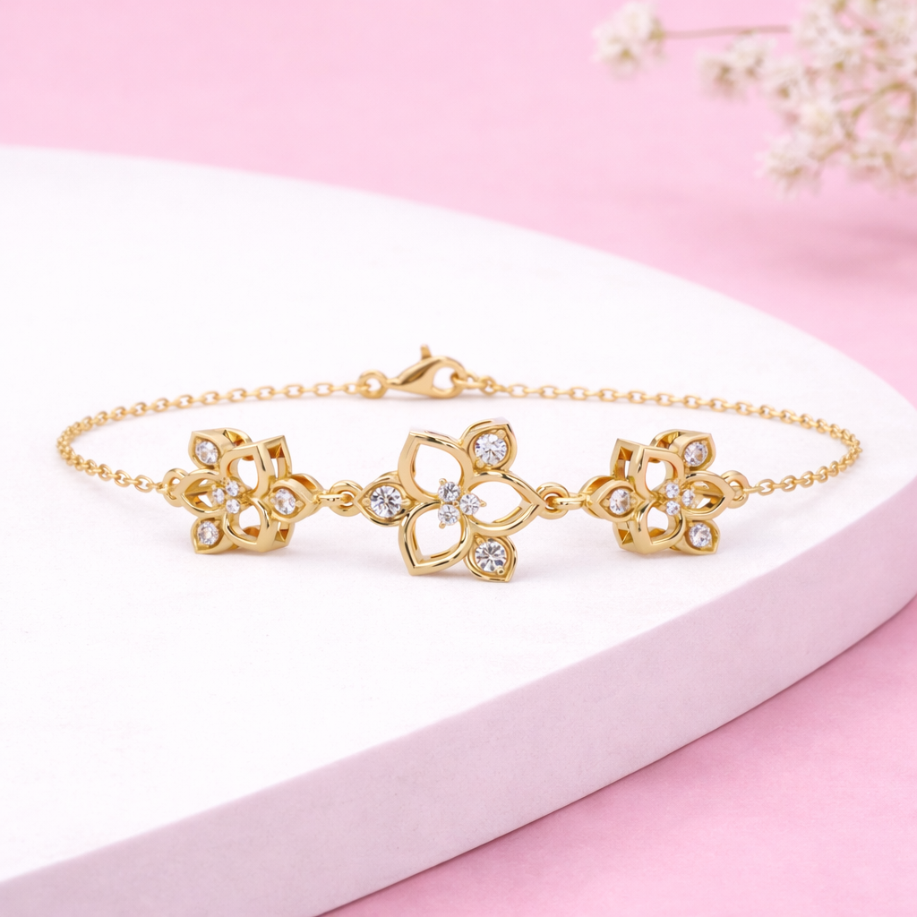 Lab Grown Diamond 0.25 CTW Triple Flower Design Bracelet -925 Sterling Silver