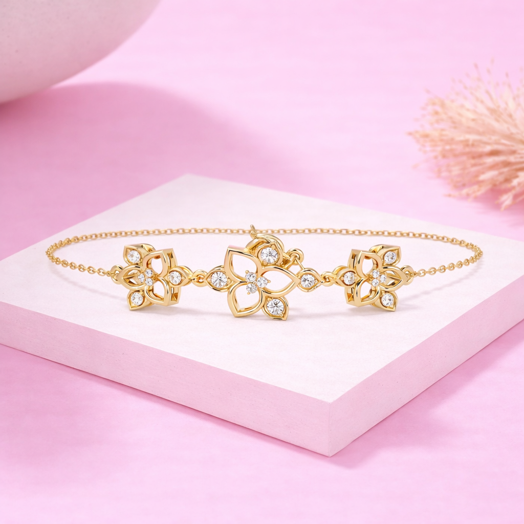Lab Grown Diamond 0.25 CTW Triple Flower Design Bracelet -925 Sterling Silver