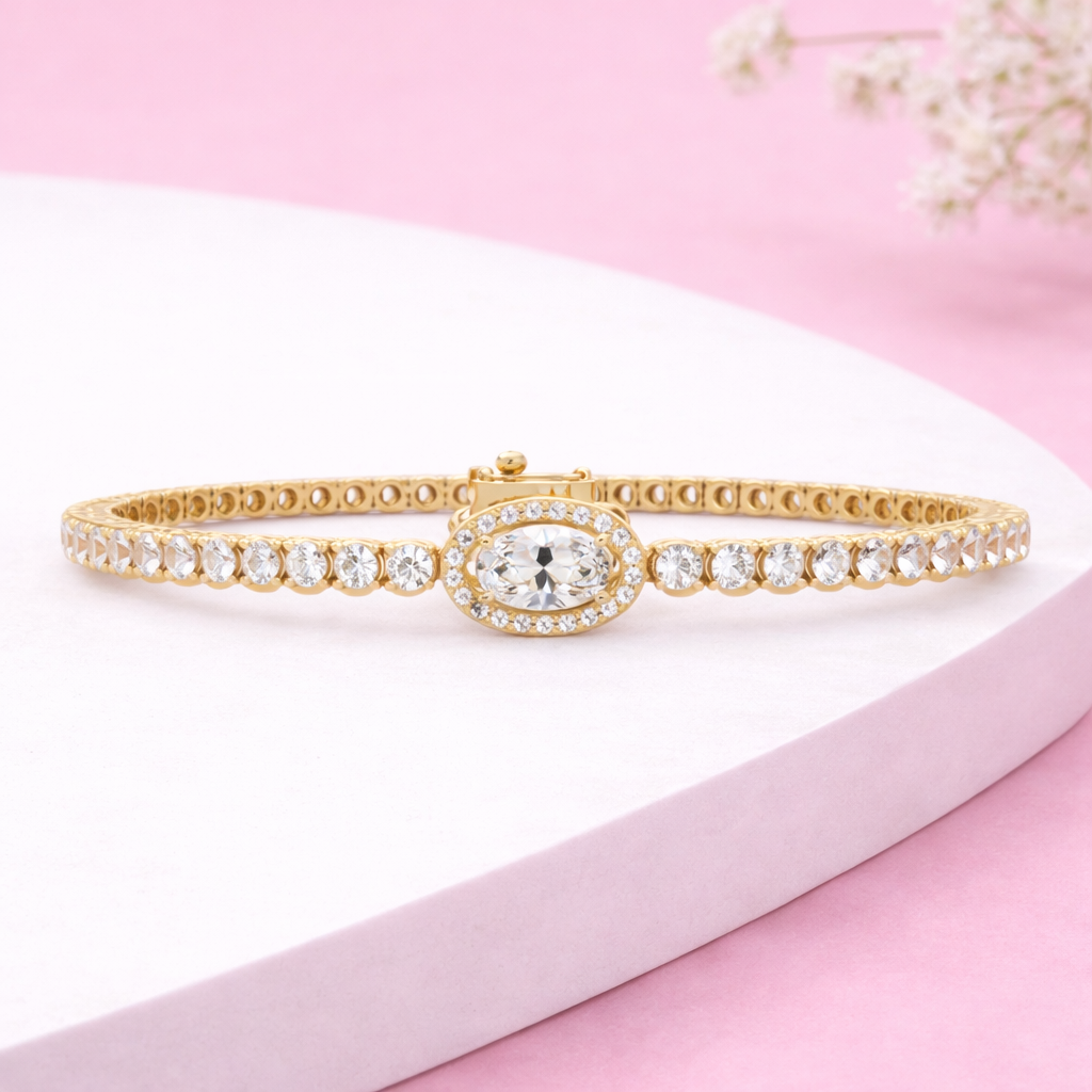 Lab Grown Diamond 3.85 CTW Oval Halo Tennis Bracelet -925 Sterling Silver