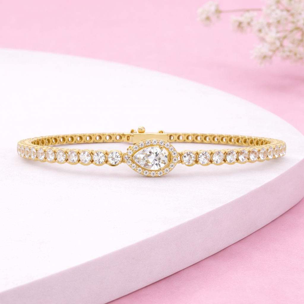 Lab Grown Diamond 3.65 CTW Pear Halo Tennis Bracelet -925 Sterling Silver
