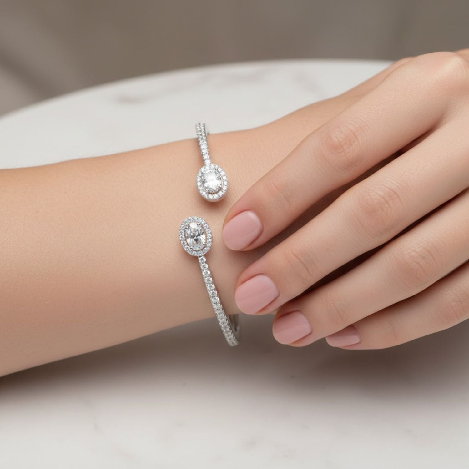Lab Grown Diamond 2.25 CTW Oval Open Cuff Bracelet -925 Sterling Silver