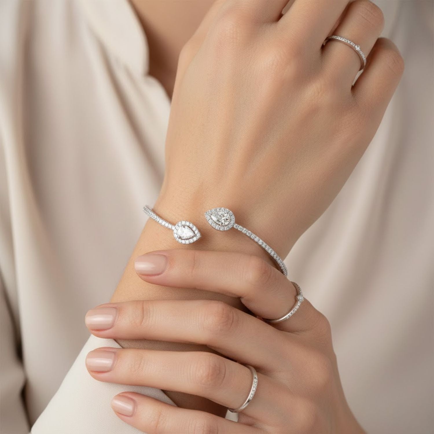 Lab Grown Diamond 2.65 CTW Pear Open Cuff Bracelet -925 Sterling Silver