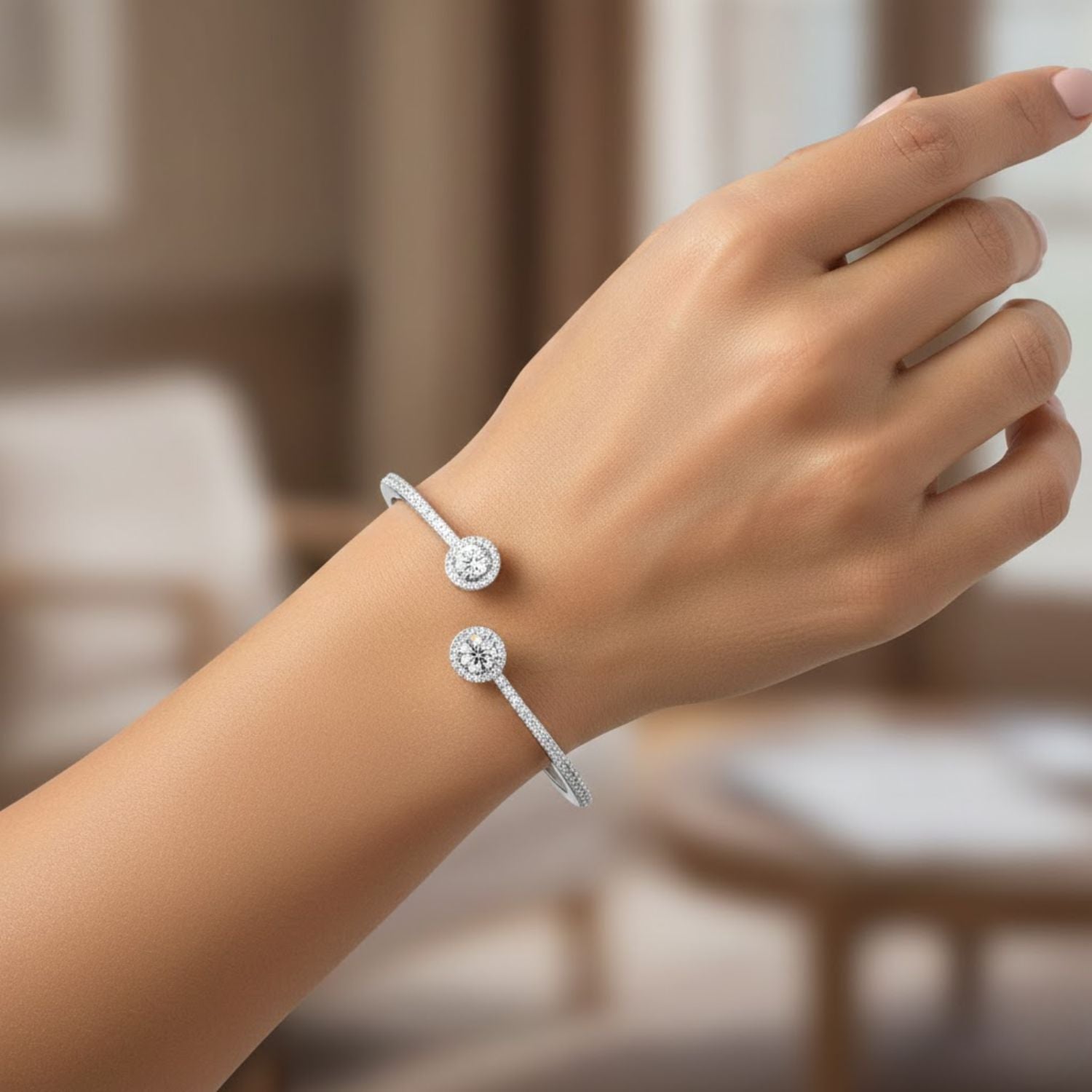 Lab Grown Diamond 2.10 CTW Round Open Cuff Bracelet -925 Sterling Silver