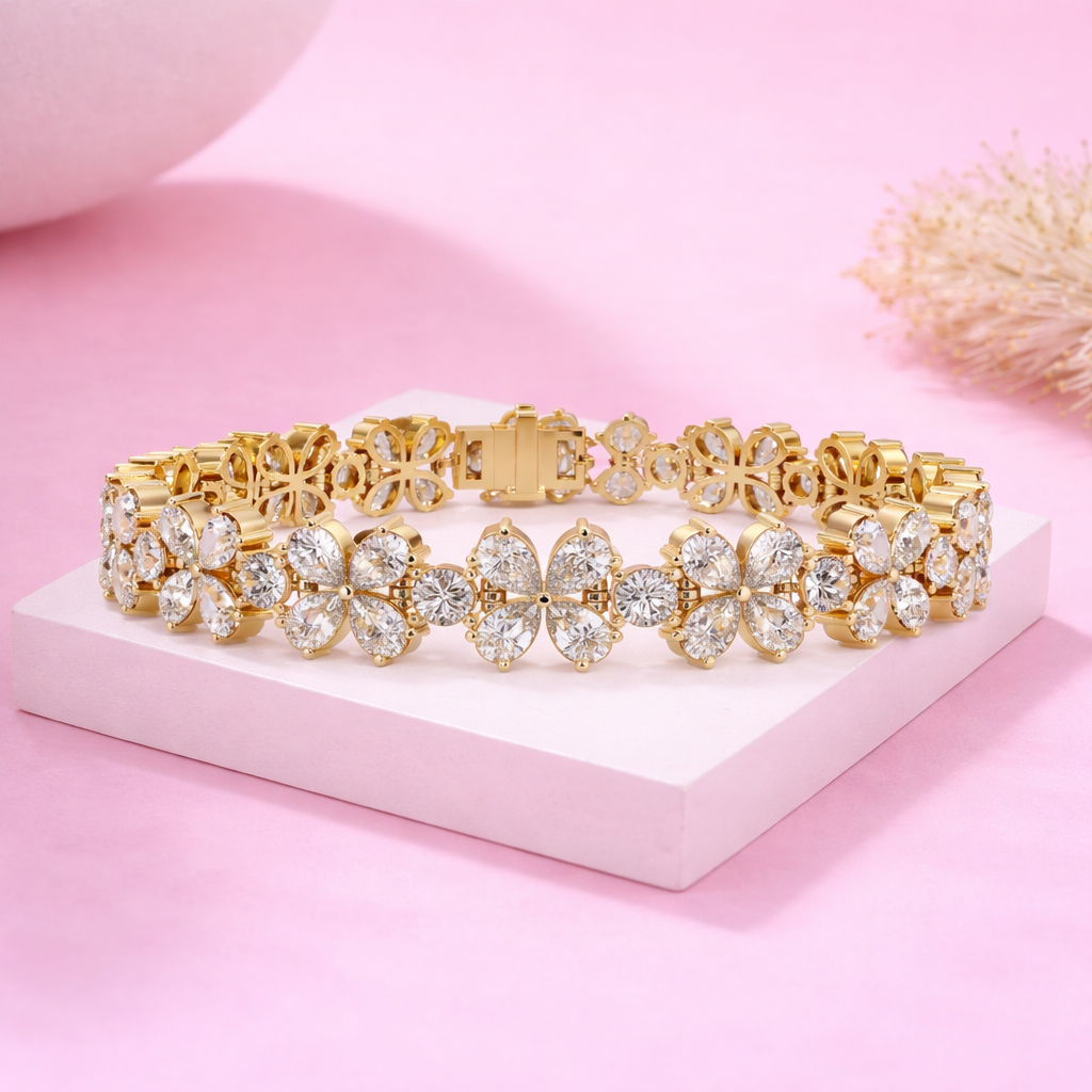 Lab Grown Diamond 17.50 CTW Floral Cluster Bracelet -925 Sterling Silver