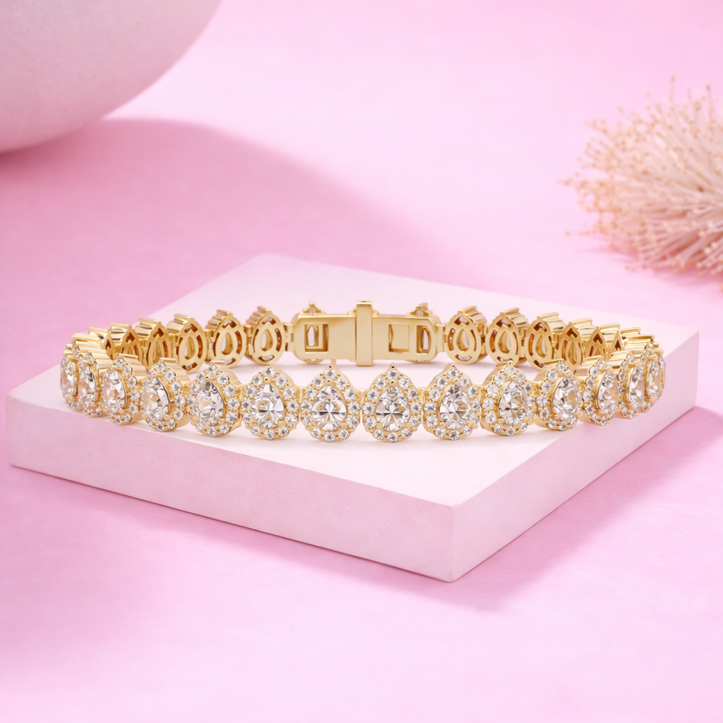 Lab Grown Diamond 8.00 CTW Pear Halo Tennis Bracelet-925 Sterling Silver