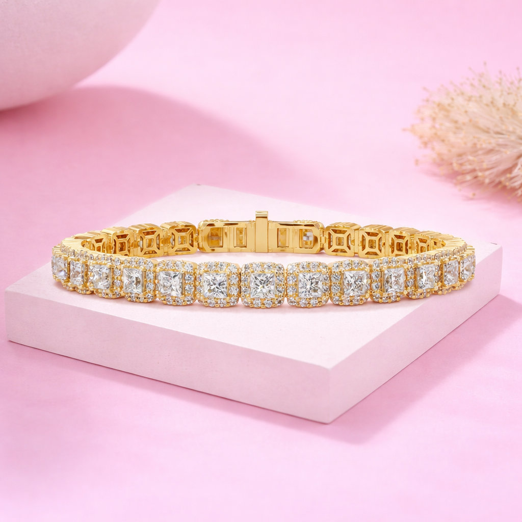 Lab Grown Diamond 8.75 CTW Princess Cut Halo Tennis Bracelet-925 Sterling Silver
