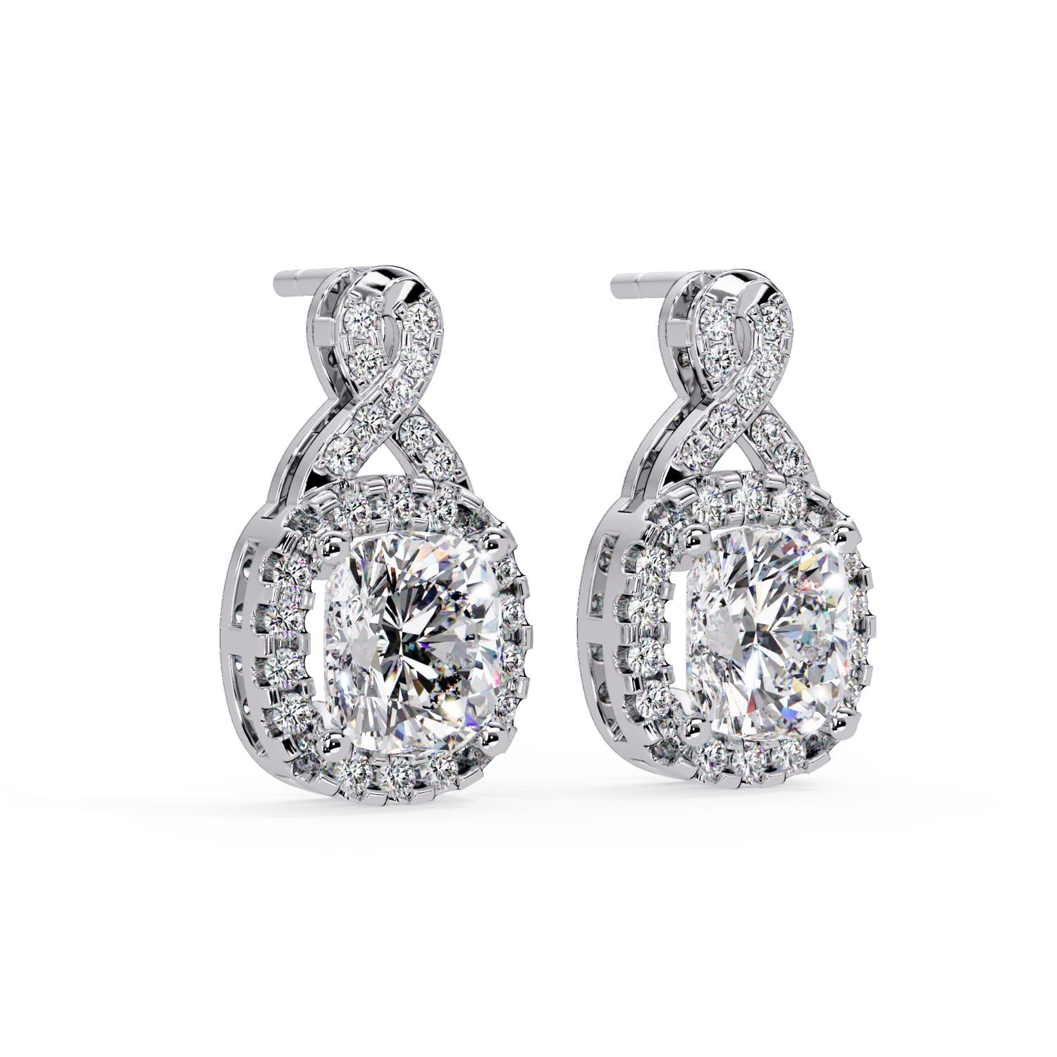 Cushion 3.06 Ct Lab-Grown Diamond Halo Drop Vintage Inspired Earrings - Sterling Silver