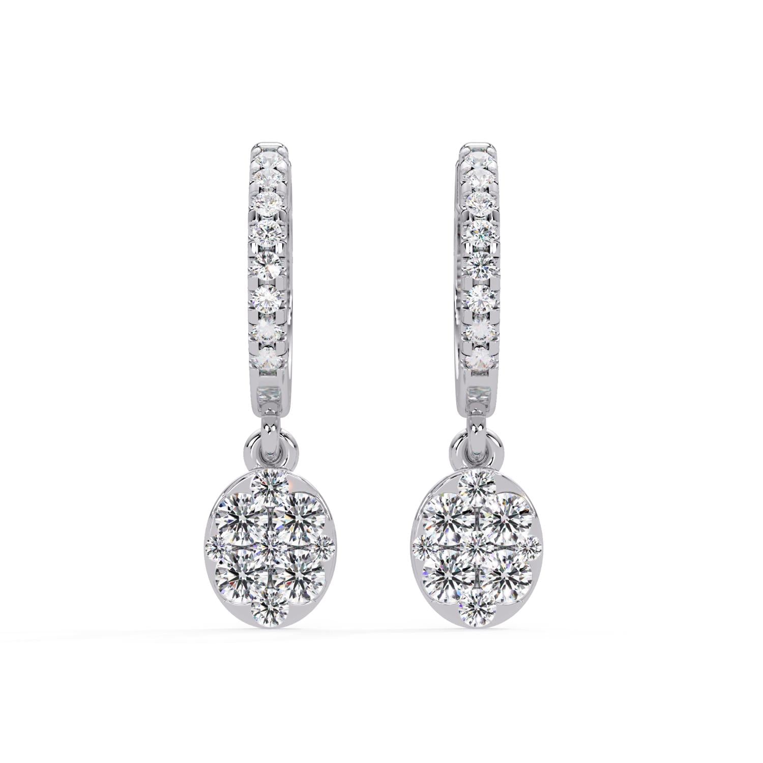 Round 1.10 Ct Lab-Grown Diamond Drop Floral Cluster Hoop Earrings - Sterling Silver