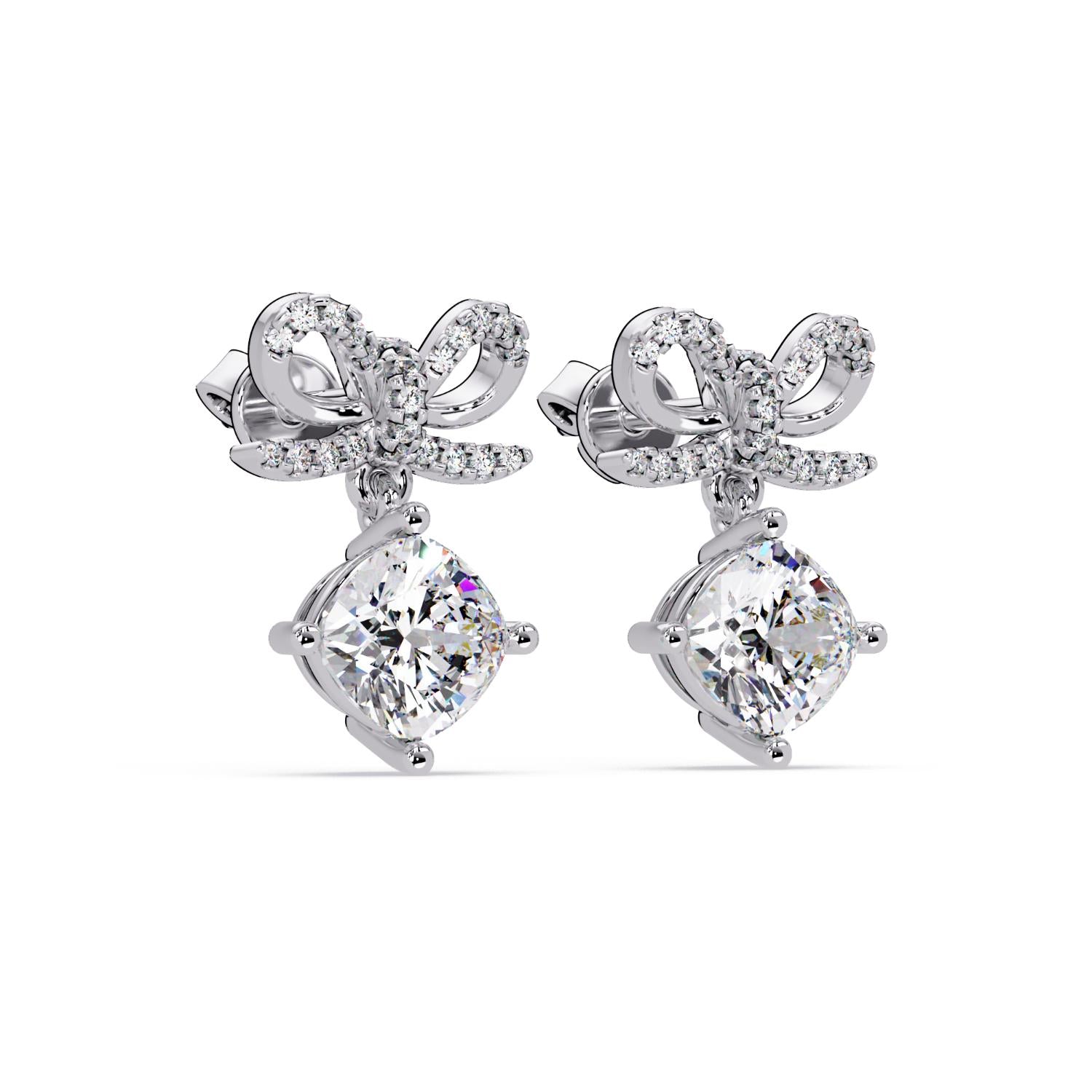 Cushion 2.50 Ct Lab-Grown Diamond Bow Drop Halo Earrings - Sterling Silver