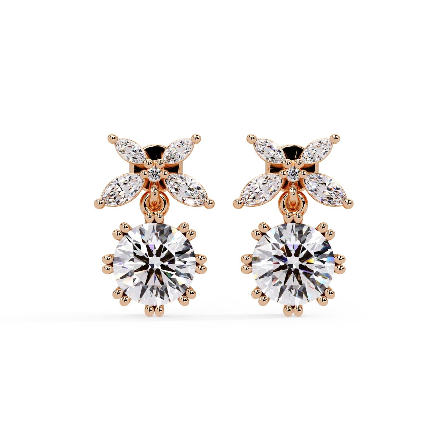 Round 2.40 Ct Lab-Grown Diamond Floral Drop Earrings - Sterling Silver