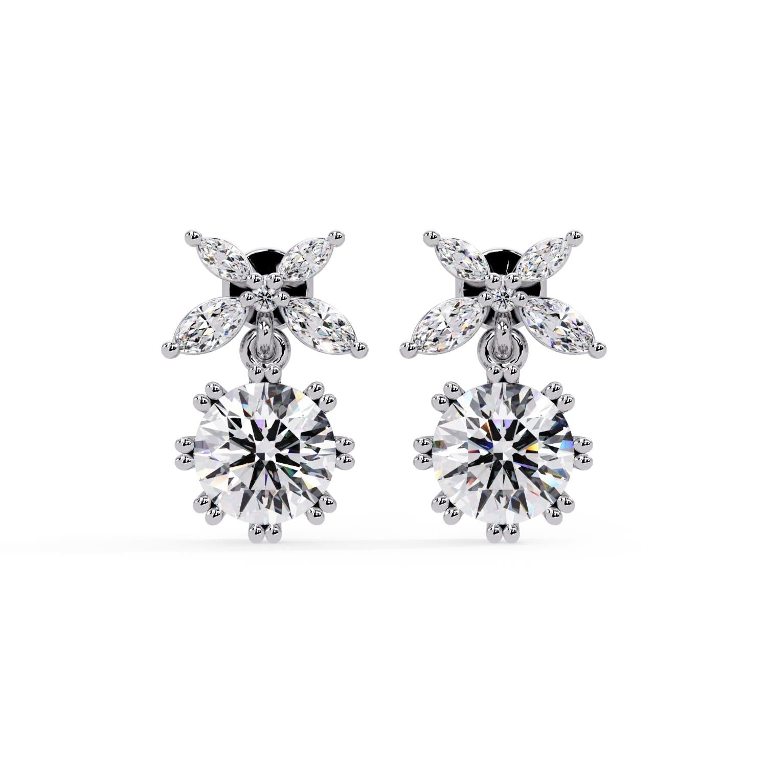 Round 2.40 Ct Lab-Grown Diamond Floral Drop Earrings - Sterling Silver