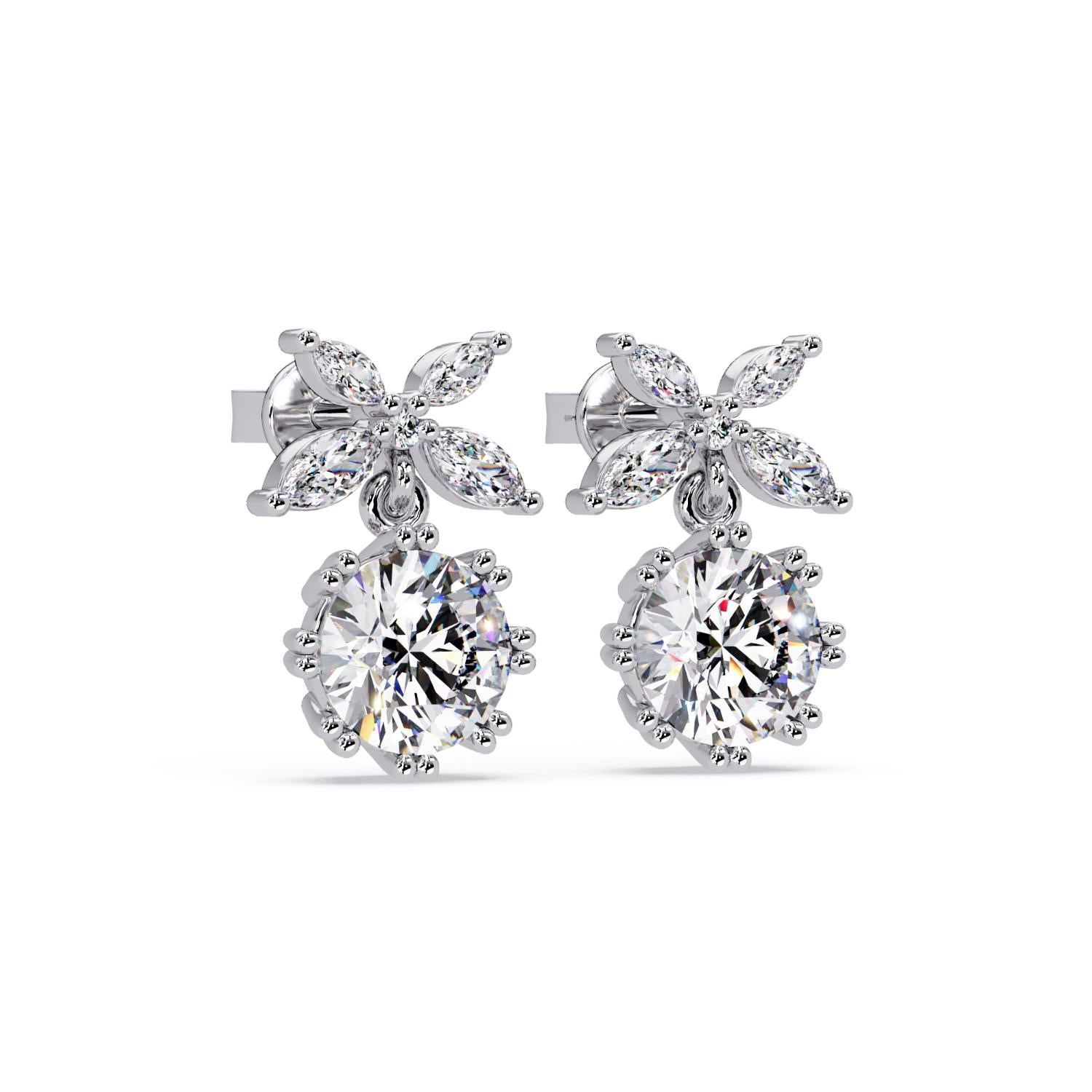 Round 2.40 Ct Lab-Grown Diamond Floral Drop Earrings - Sterling Silver