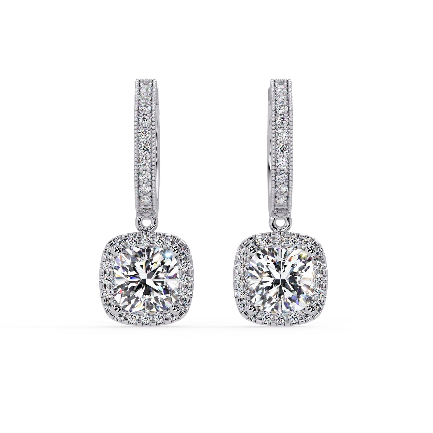 Cushion 4.00 Ct Lab-Grown Diamond Halo Drop Hoop Earrings - Sterling Silver