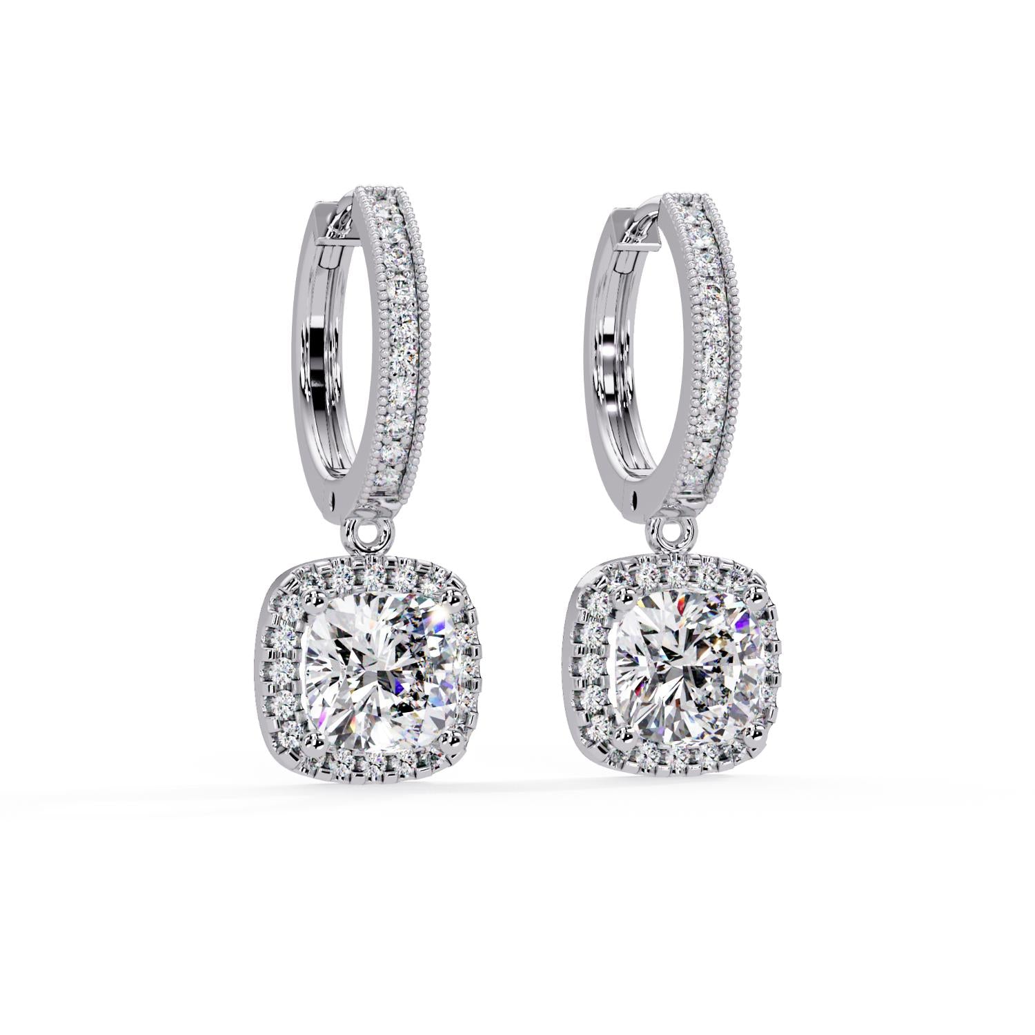 Cushion 4.00 Ct Lab-Grown Diamond Halo Drop Hoop Earrings - Sterling Silver