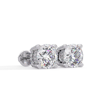 Round 3.00 Ct Lab-Grown Diamond Classic Solitaire with Hidden Halo Earrings - Sterling Silver