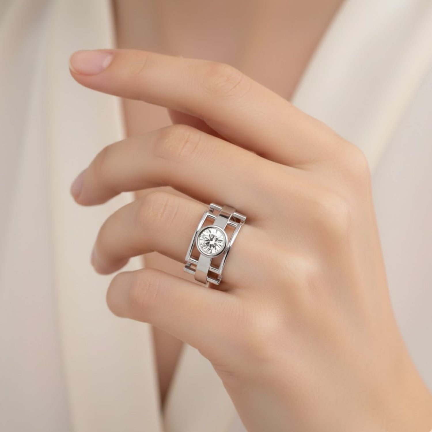 Lab Grown Diamond 1.00 CTW Round Bezel Set Ring- Sterling Silver