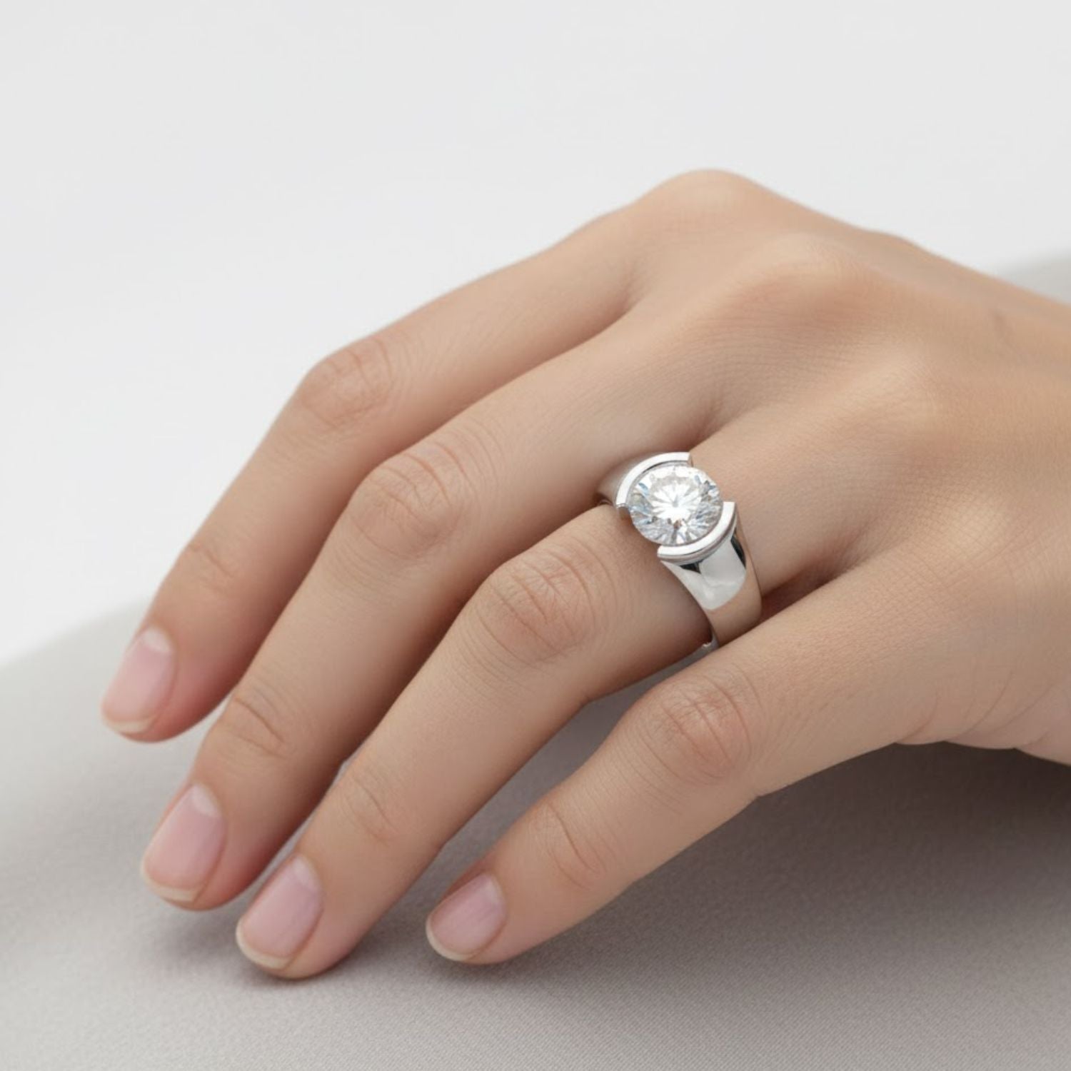 Lab Grown Diamond 1.50 CTW Round Half Bezel Solitaire Ring- Sterling Silver