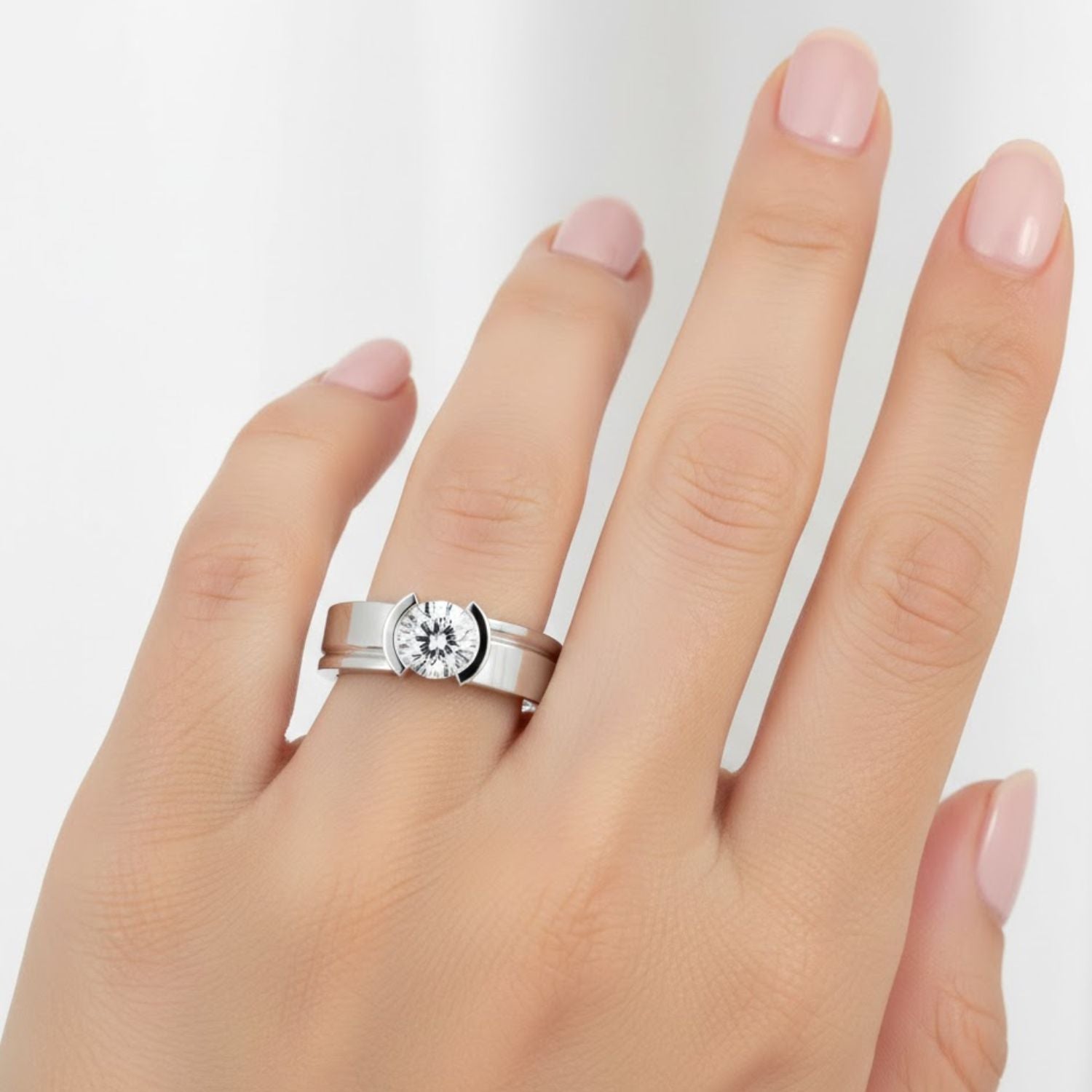 Lab Grown Diamond 0.50 CTW Round Half Bezel Solitaire Ring- Sterling Silver