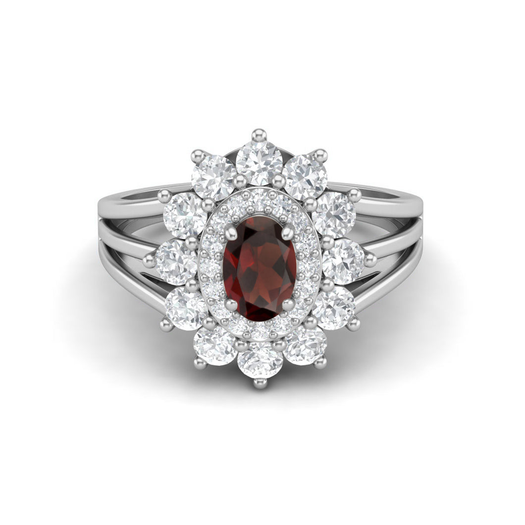 Garnet Flower Halo Floral Ring – Sterling Silver