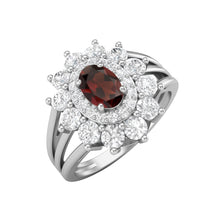Load image into Gallery viewer, Garnet Flower Halo Floral Ring – Sterling Silver
