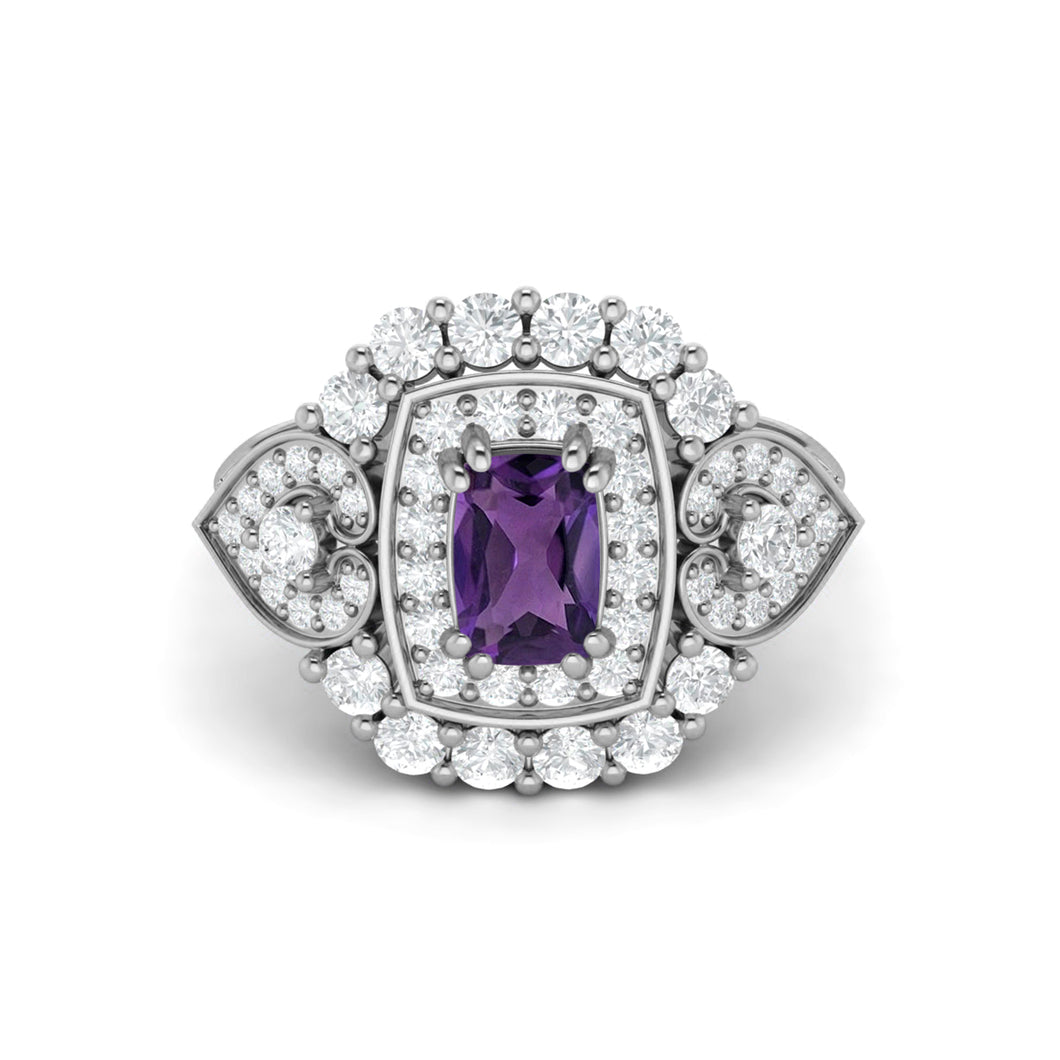 Amethyst Vintage Halo Scroll Design Ring – Sterling Silver