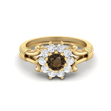 Load image into Gallery viewer, Smoky Quartz Floral Halo Design Ring – Sterling Silver
