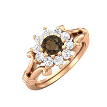 Load image into Gallery viewer, Smoky Quartz Floral Halo Design Ring – Sterling Silver
