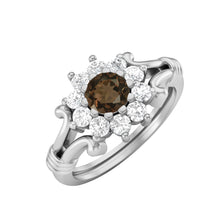 Load image into Gallery viewer, Smoky Quartz Floral Halo Design Ring – Sterling Silver
