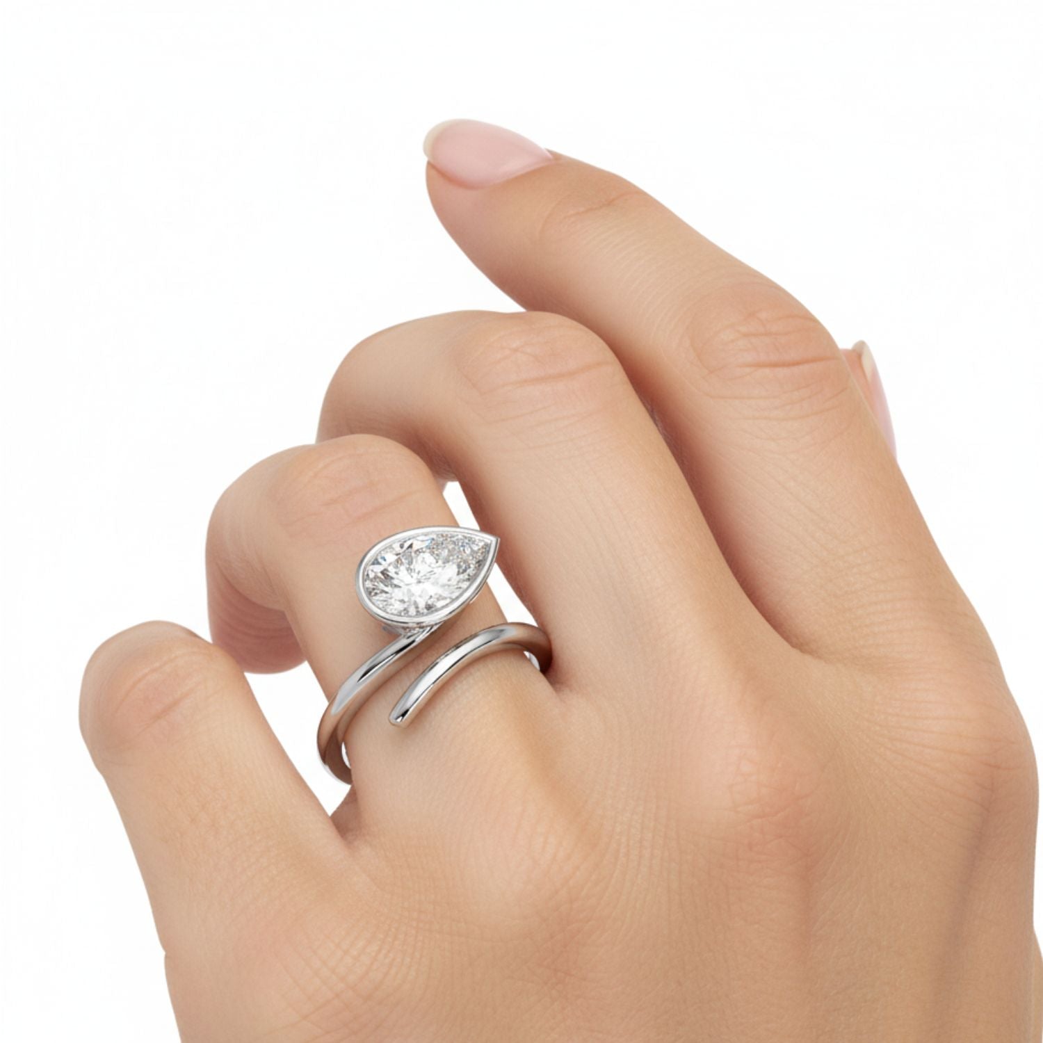 Lab Grown Diamond 1.50 CTW Pear Bezel Set Bypass Ring- Sterling Silver