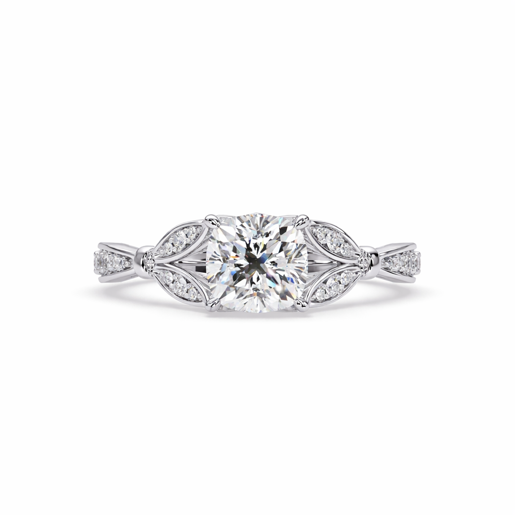Lab Grown Diamond 1.60 CTW Cushion Vintage Inspired Leaf Design Ring- Sterling Silver