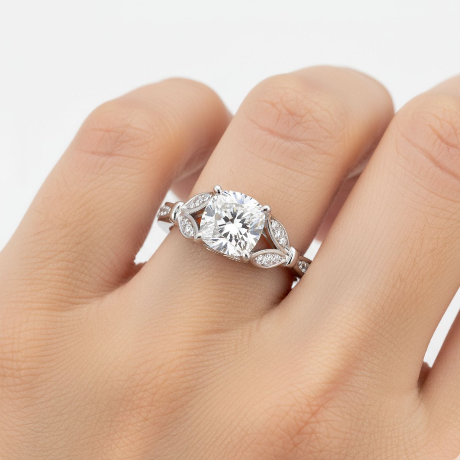 Lab Grown Diamond 1.60 CTW Cushion Vintage Inspired Leaf Design Ring- Sterling Silver